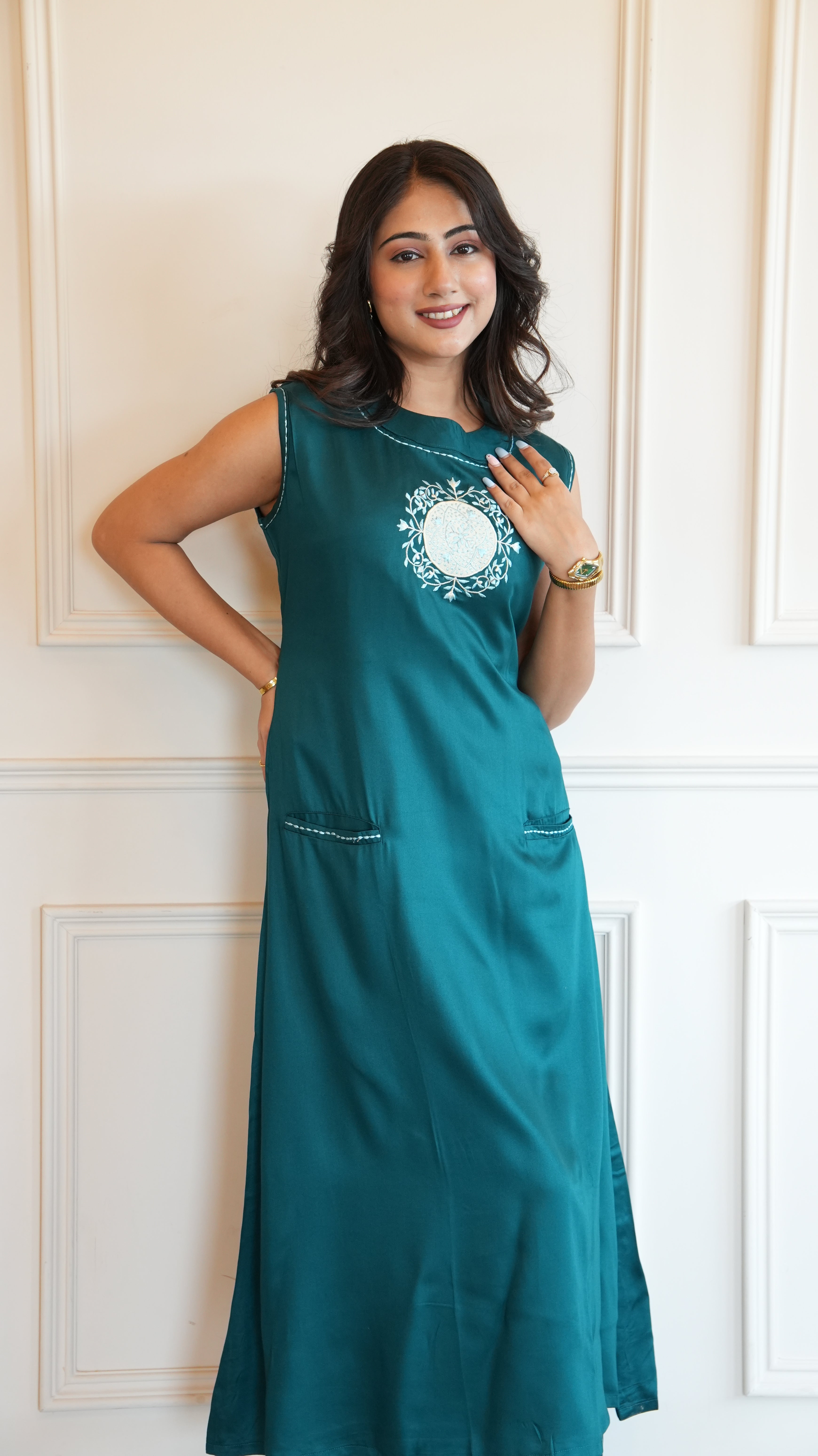 Women Teal Green Solid A-Line Kurta