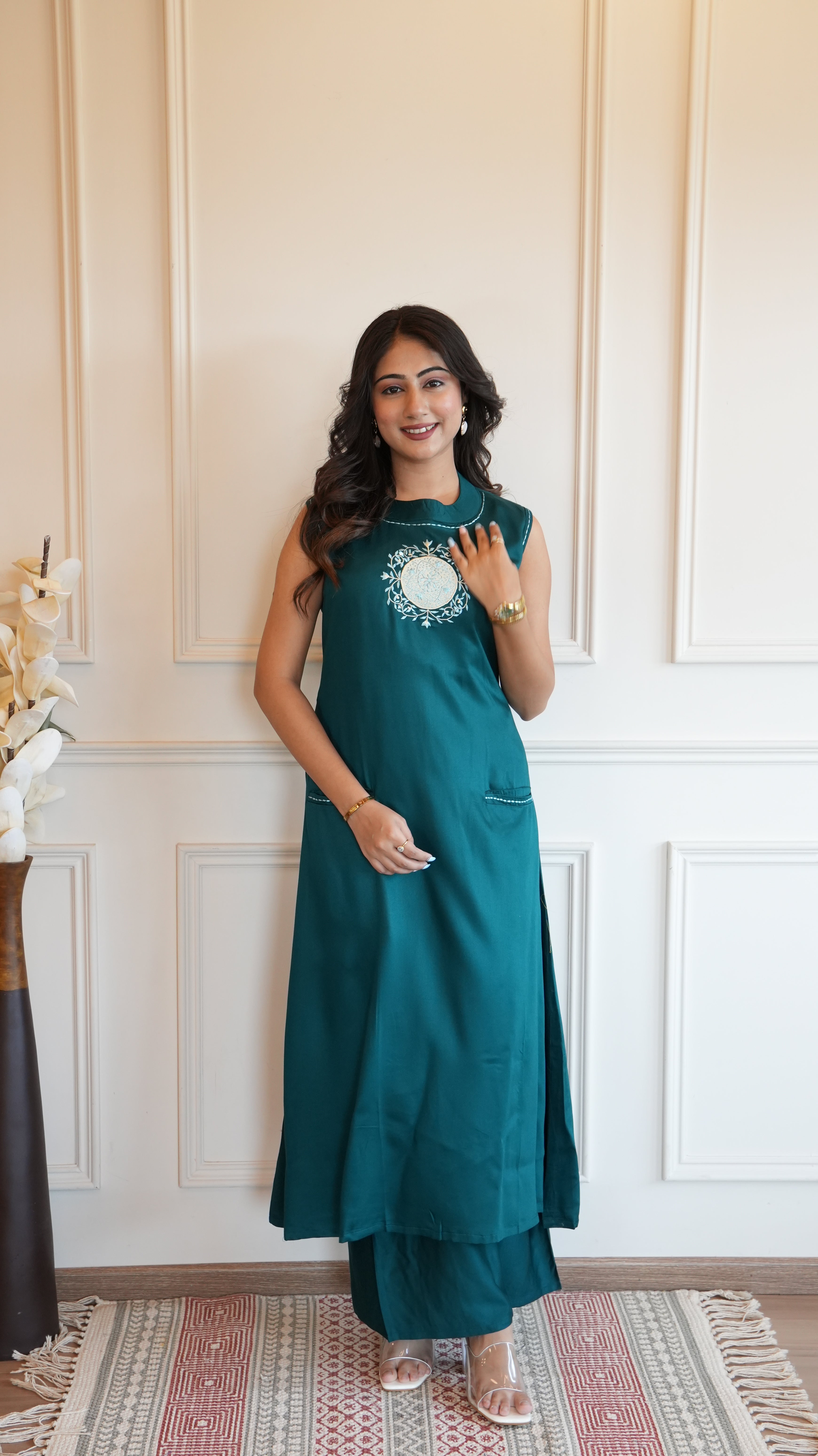 Women Teal Green Solid A-Line Kurta