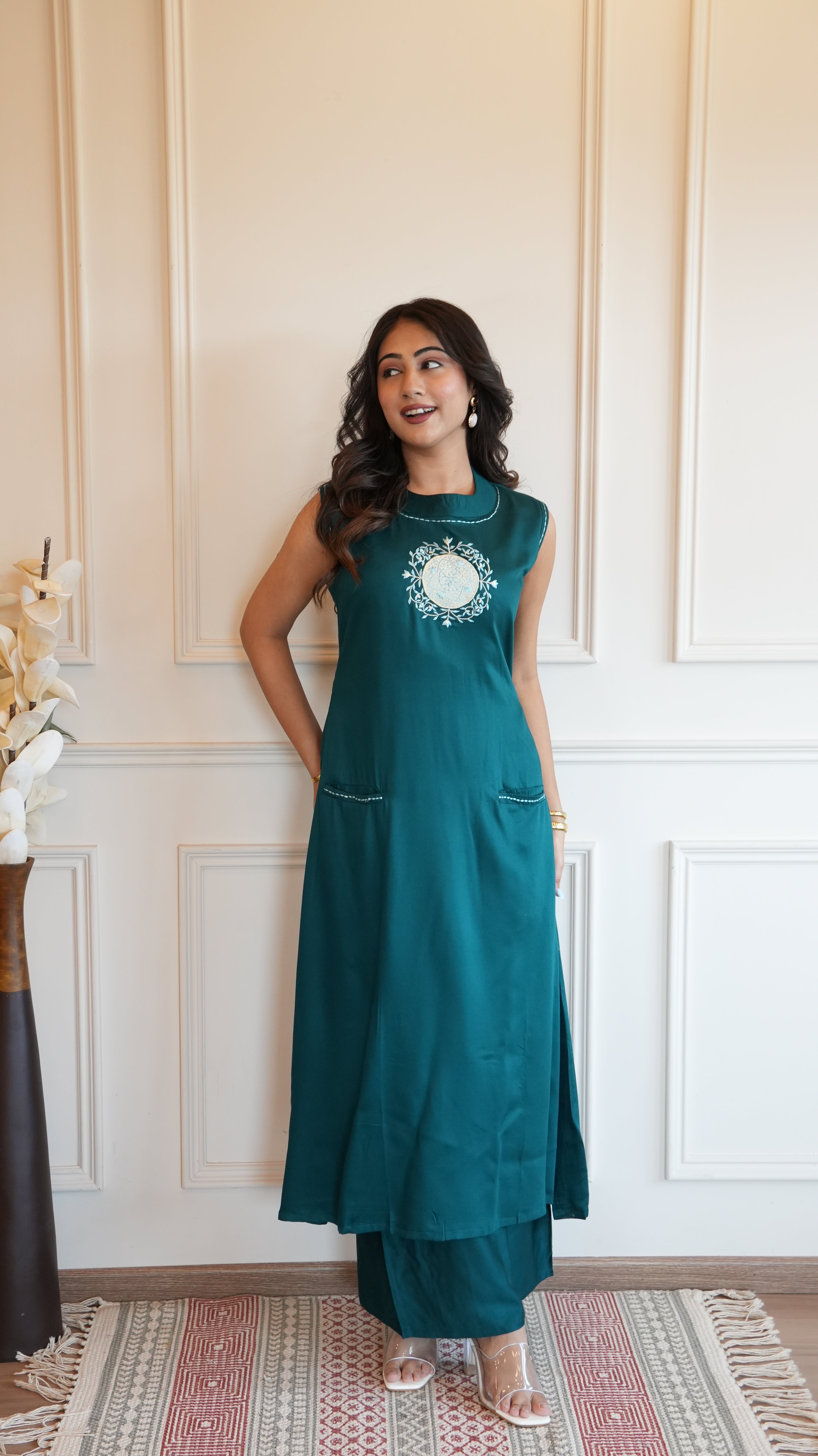 Women Teal Green Solid A-Line Kurta