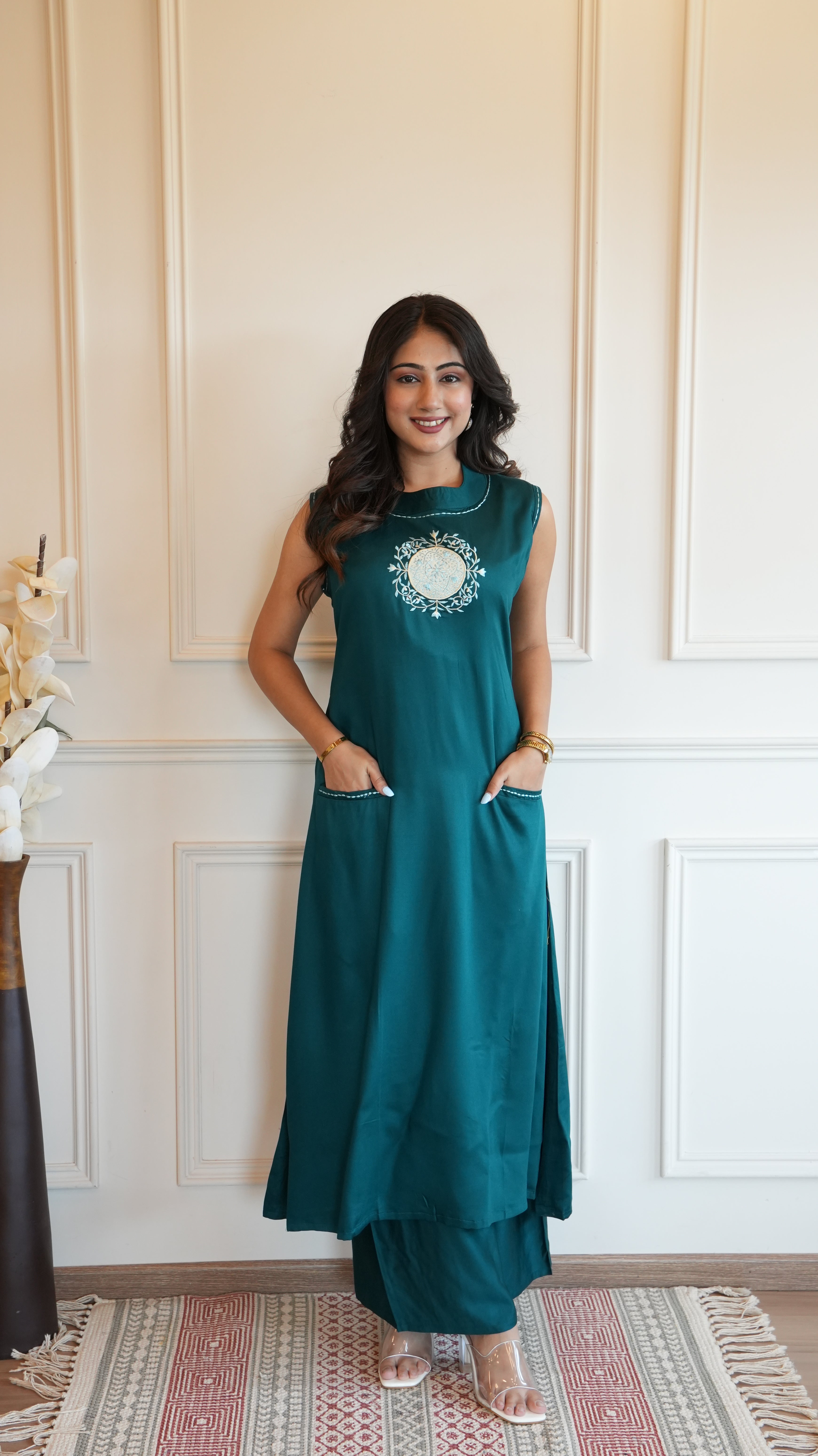 Women Teal Green Solid A-Line Kurta