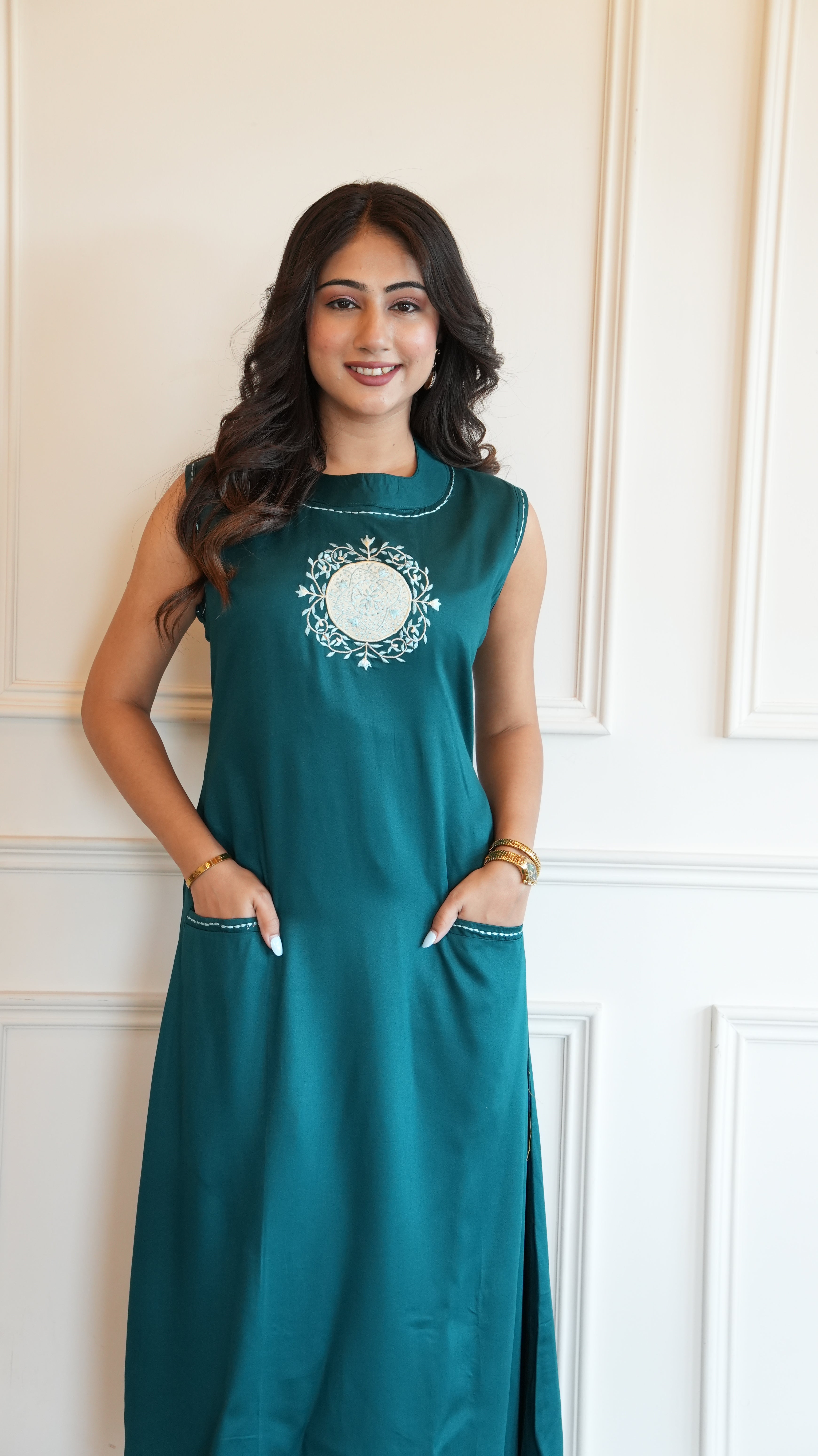 Women Teal Green Solid A-Line Kurta