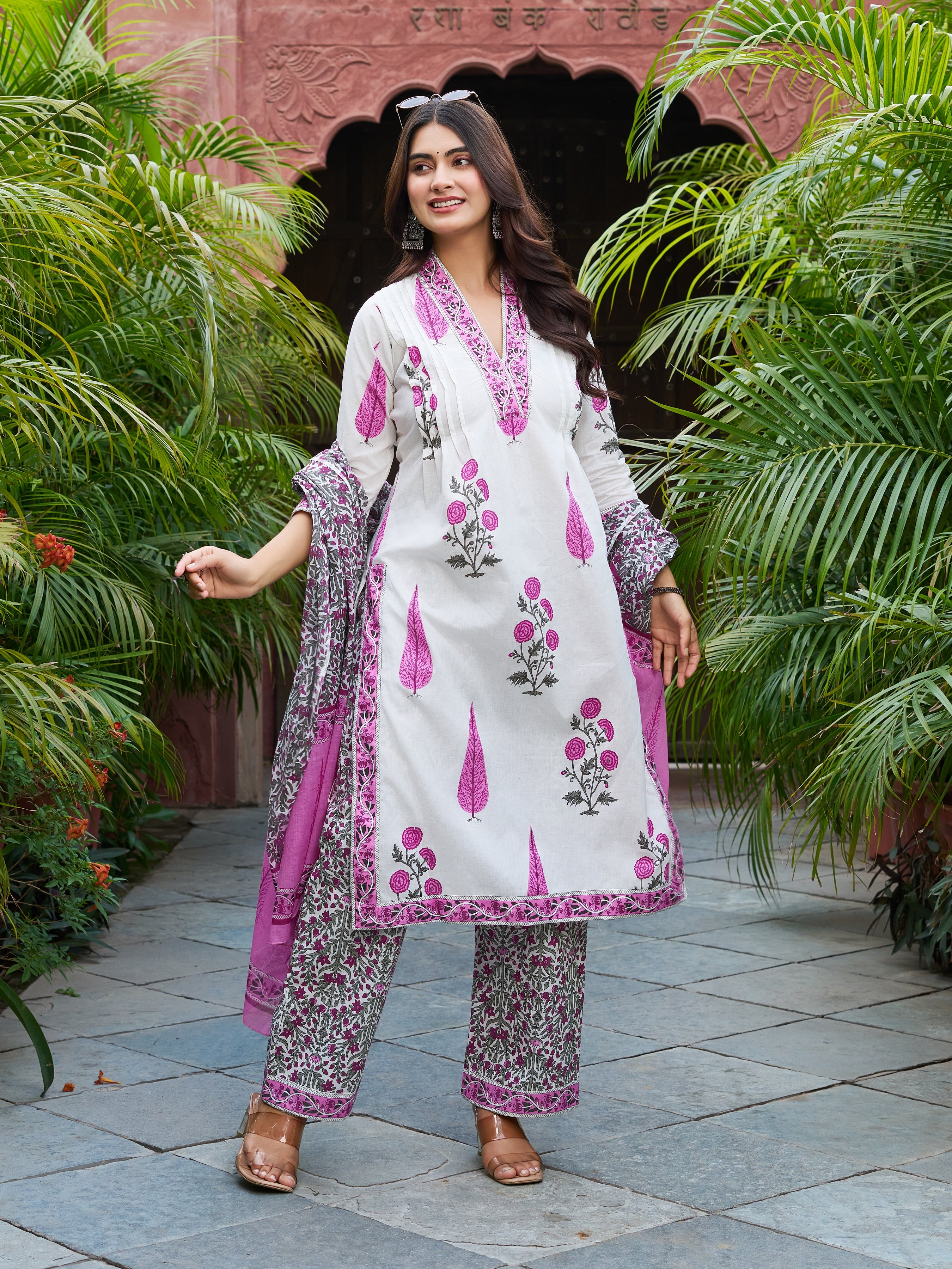 Ivory & Pink Floral Printed Kurta Set with Matching Dupatta