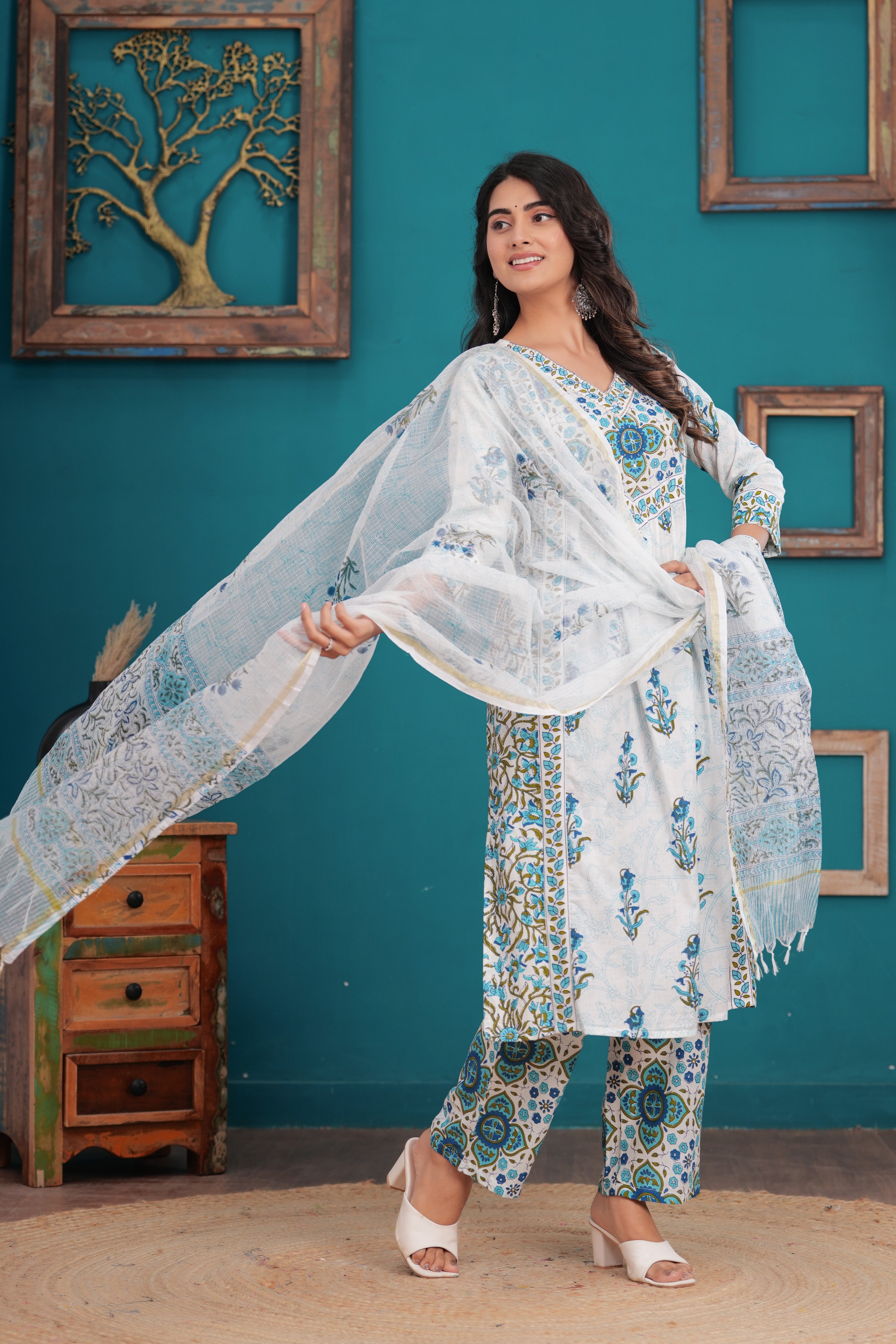 Women Pure Cotton Kurta Pant Dupatta Set
