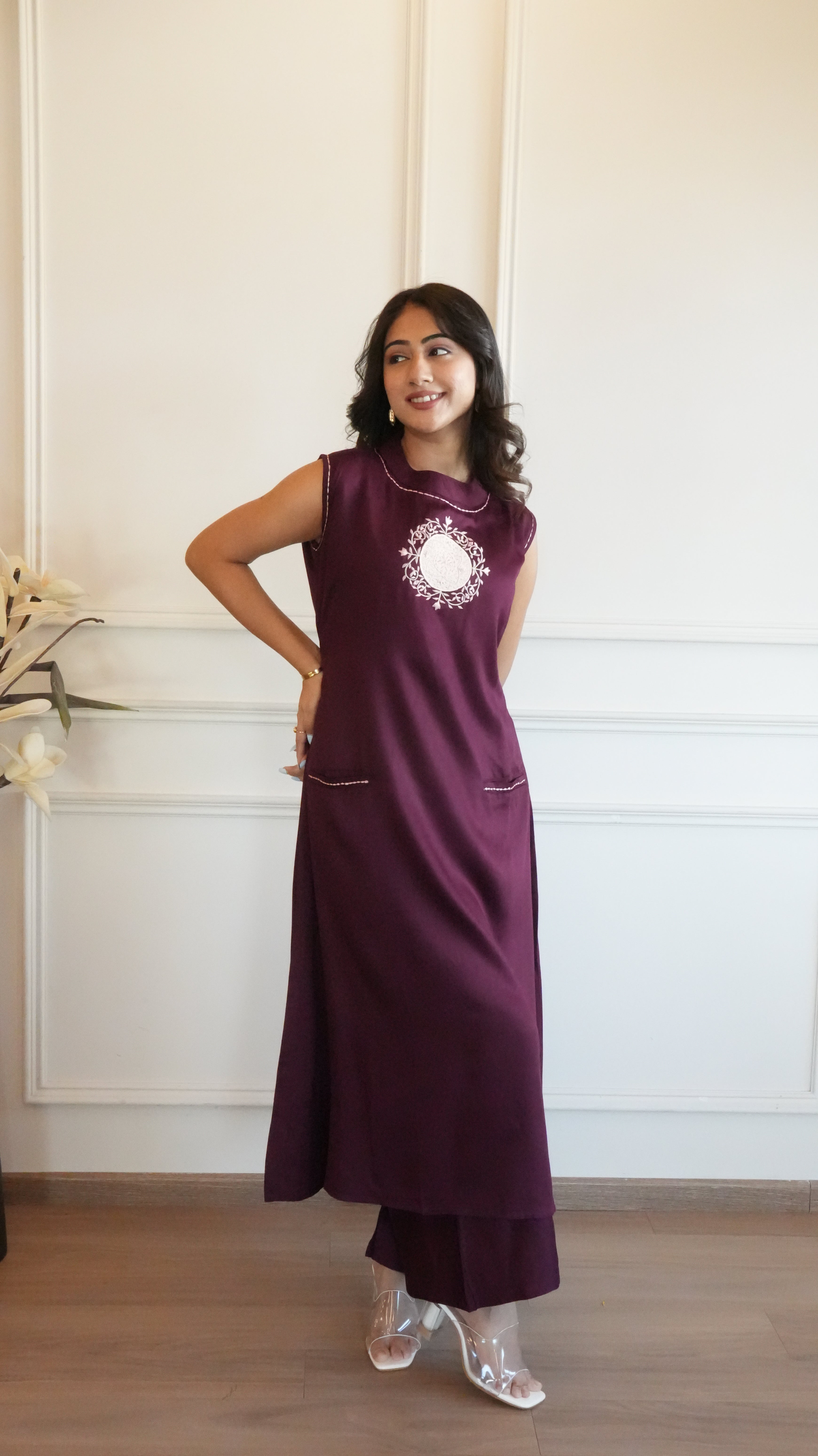 Women Wine Solid A-Line Kurta