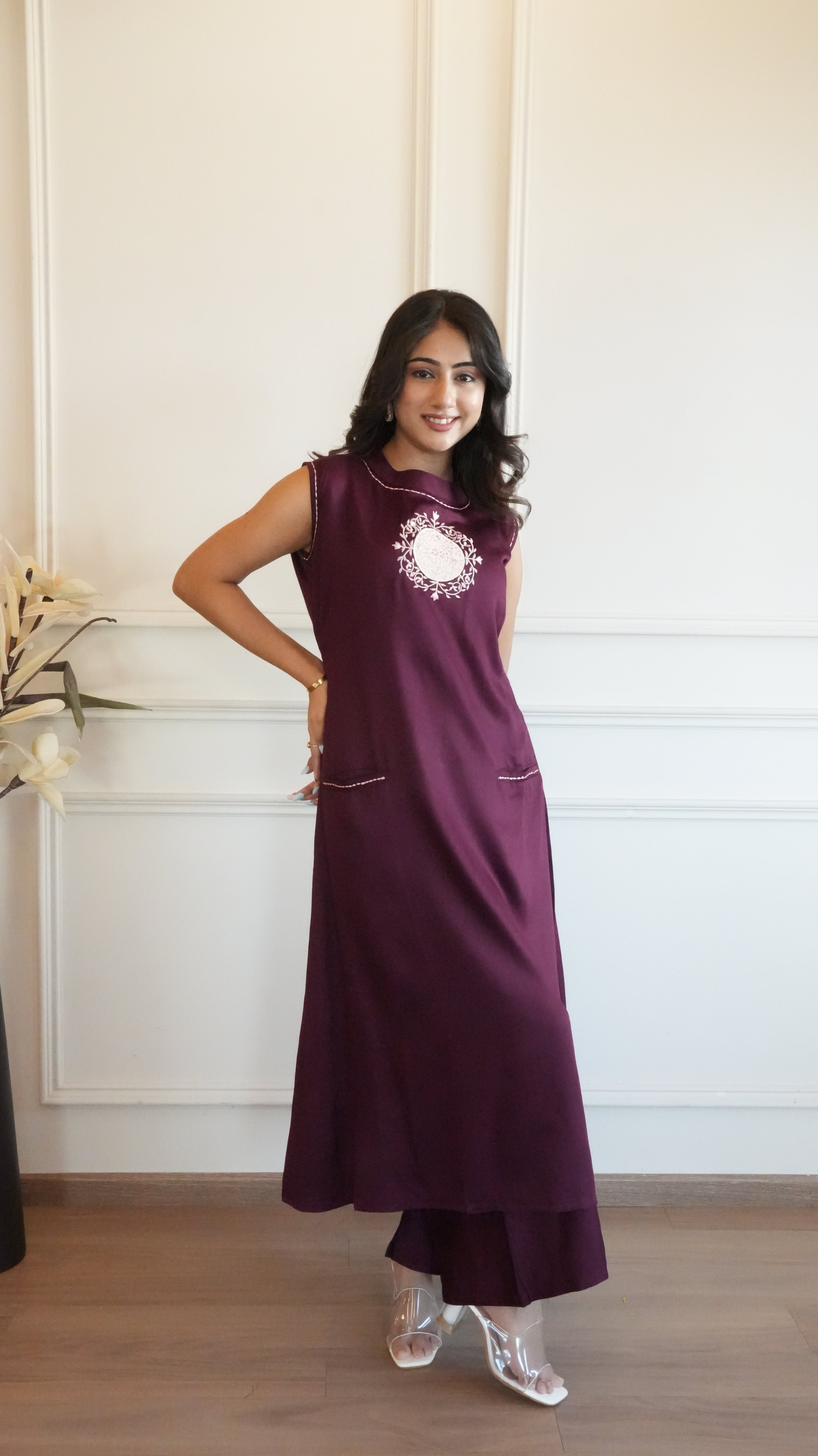 Women Wine Solid A-Line Kurta