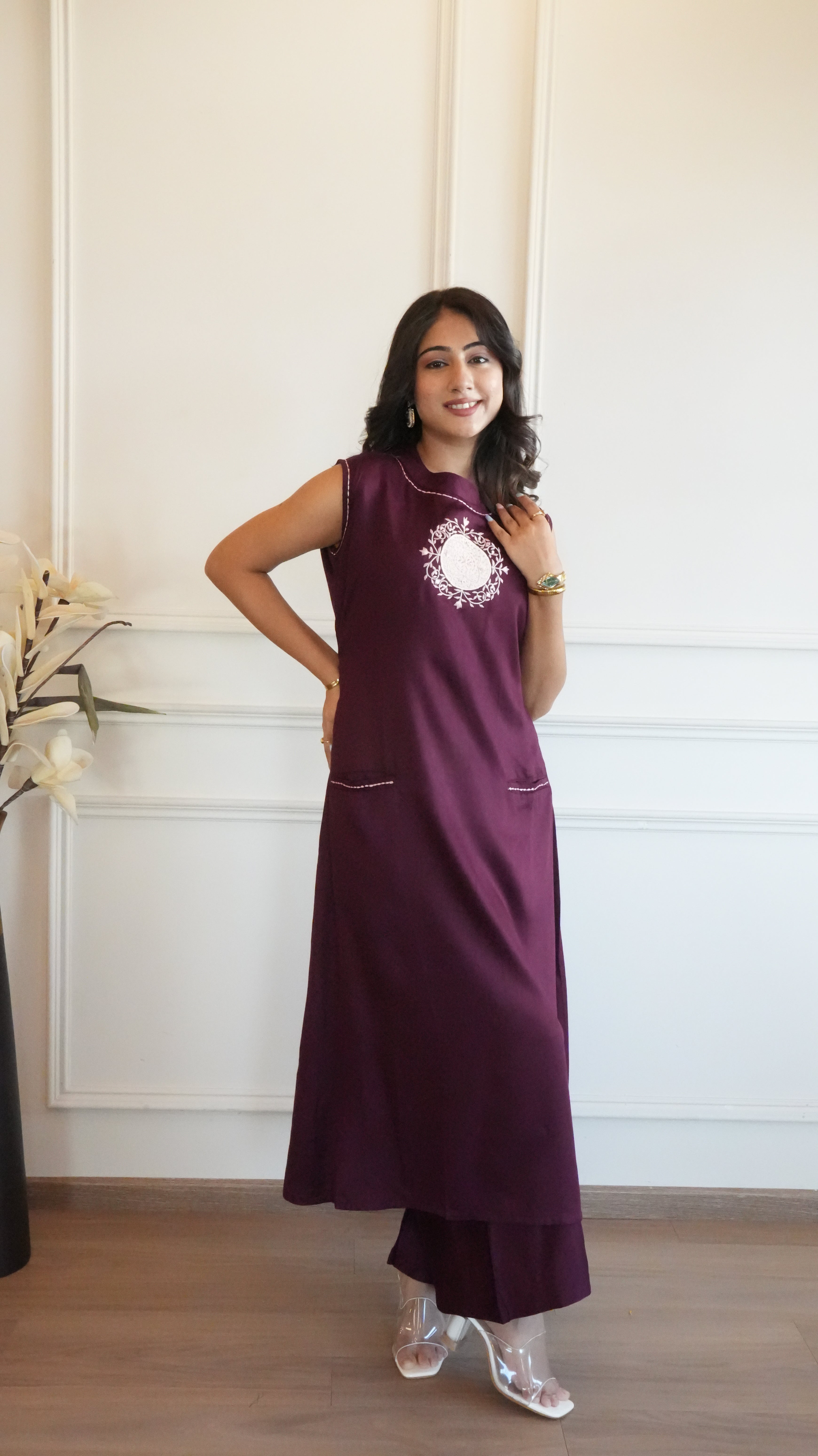 Women Wine Solid A-Line Kurta