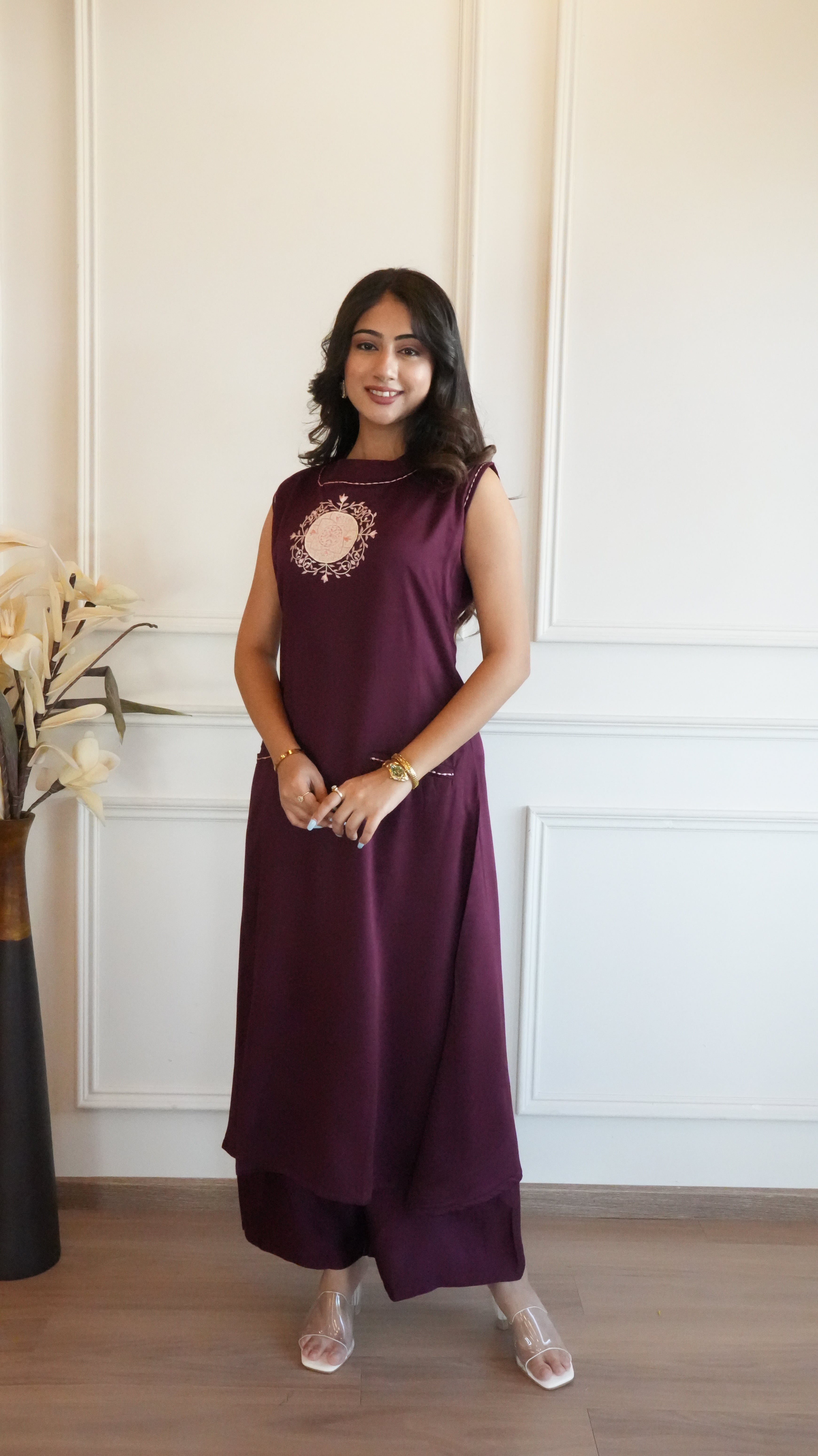 Women Wine Solid A-Line Kurta