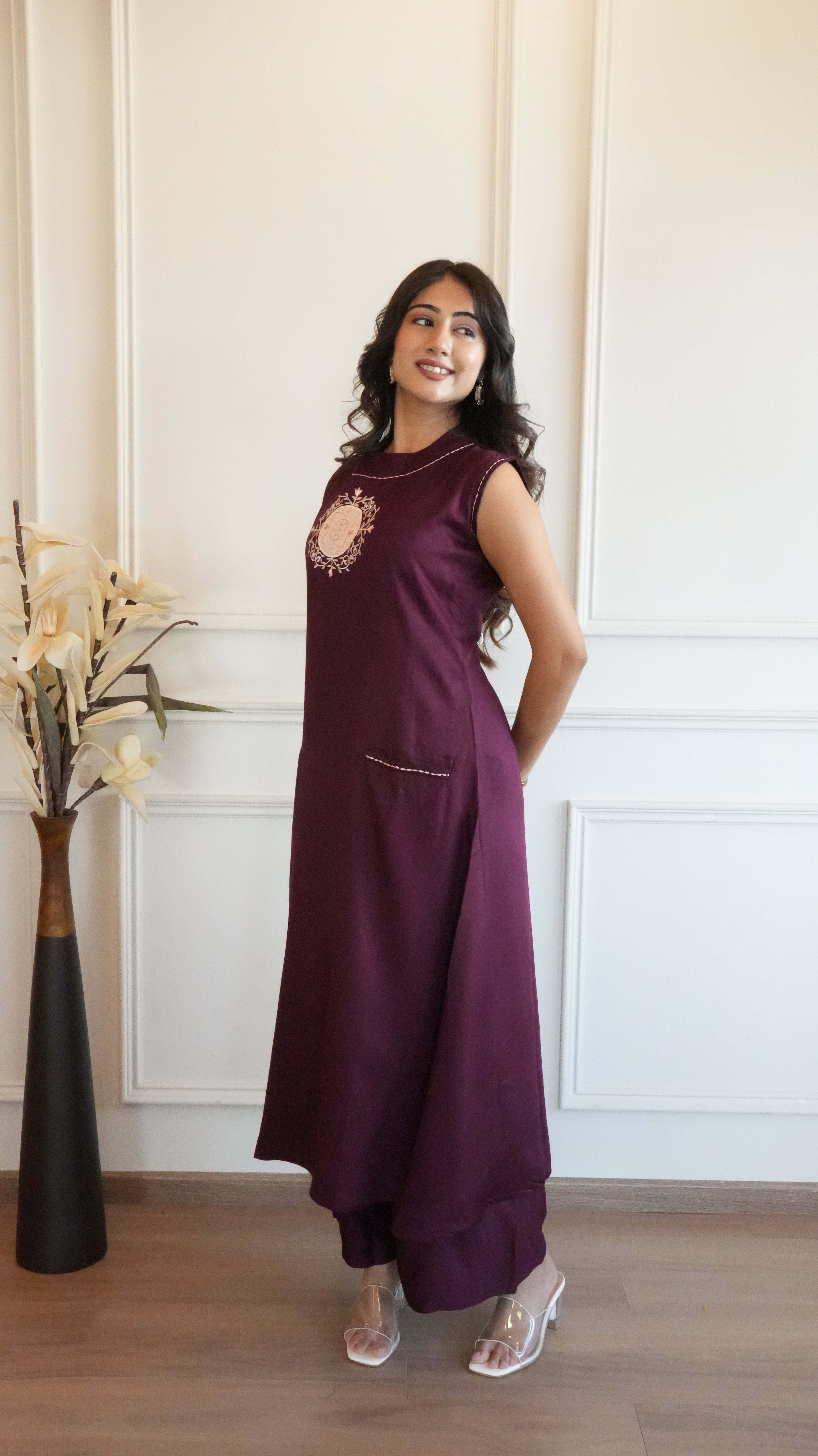 Women Wine Solid A-Line Kurta