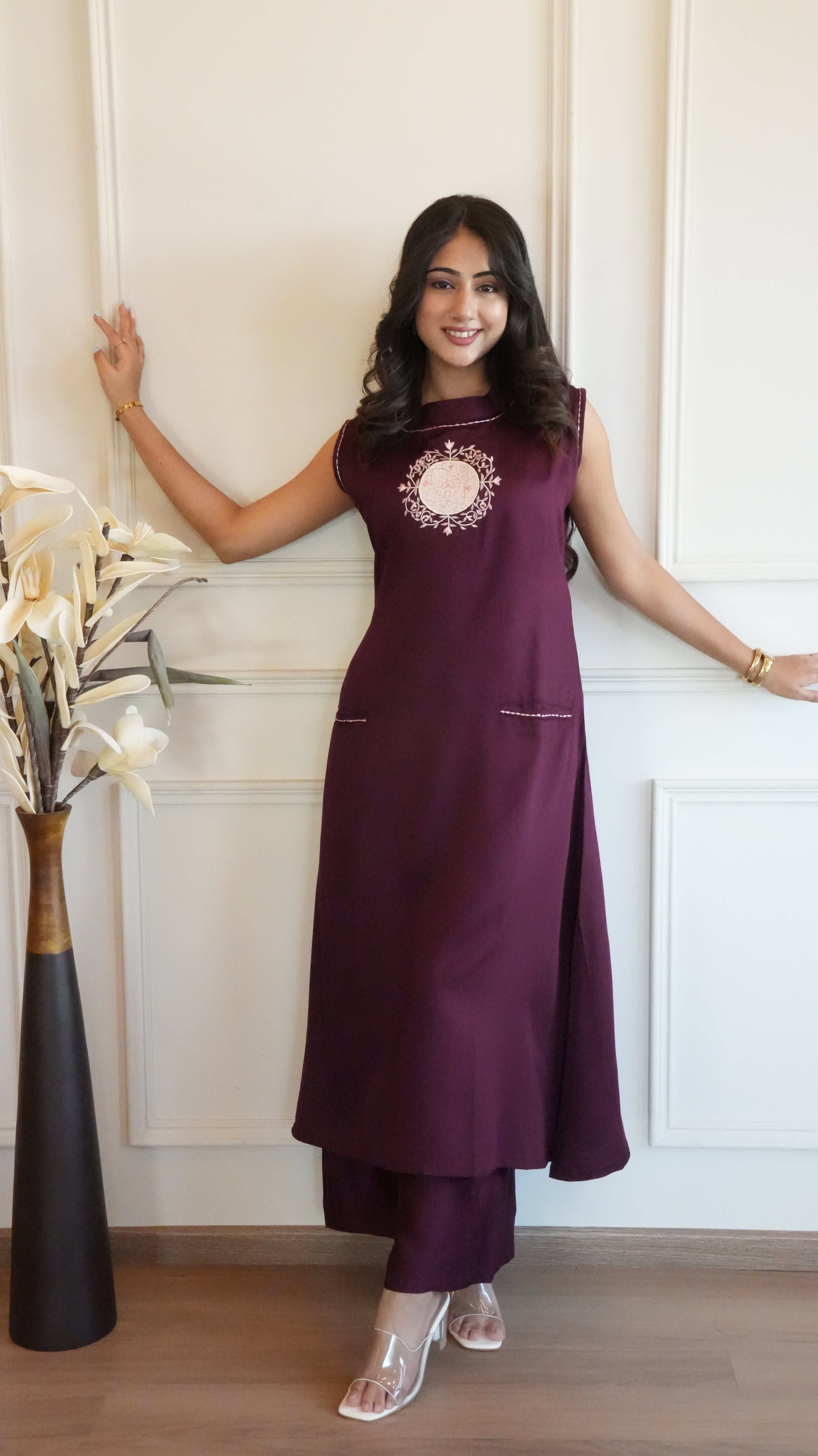 Women Wine Solid A-Line Kurta
