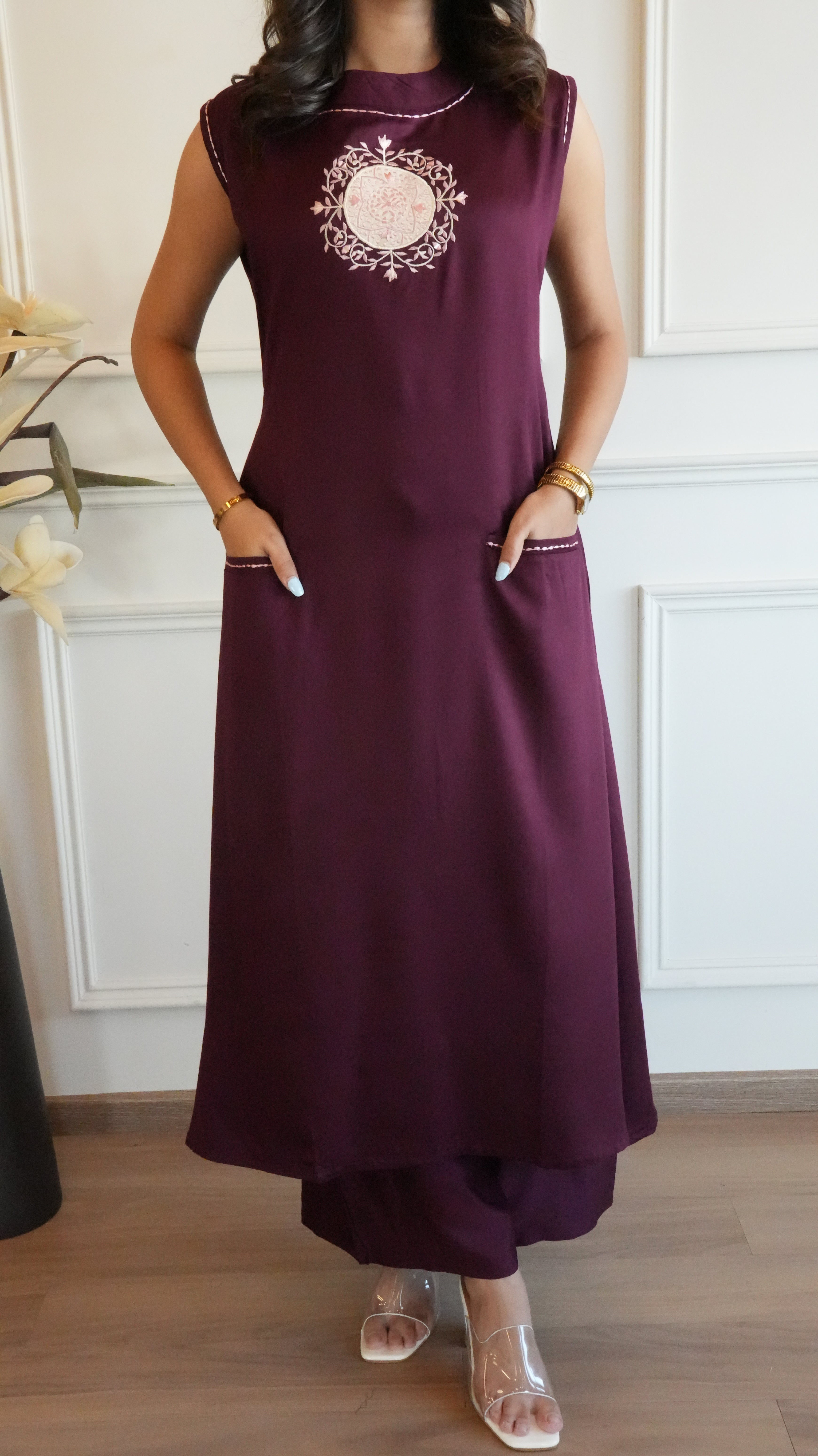 Women Wine Solid A-Line Kurta