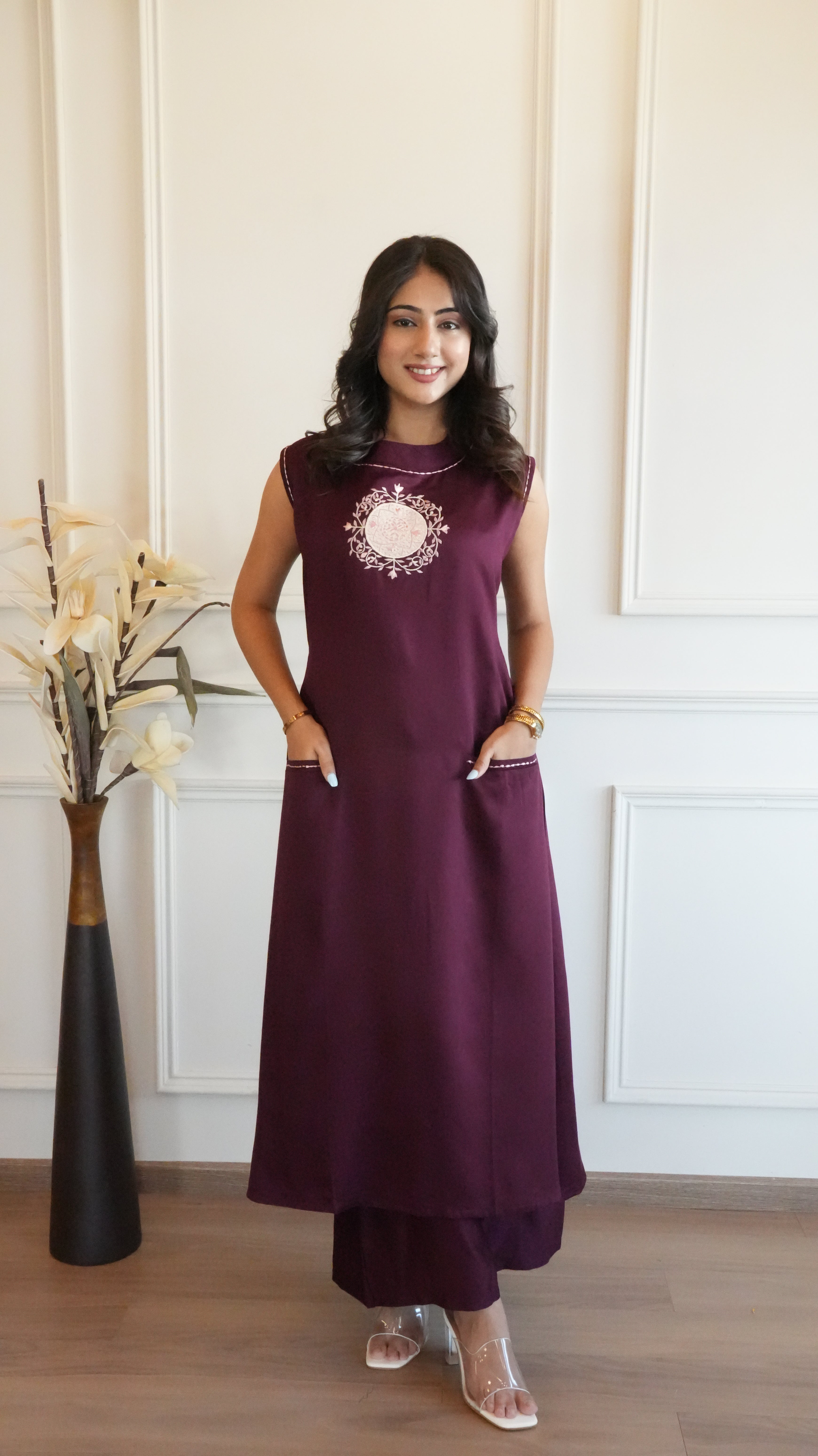 Women Wine Solid A-Line Kurta