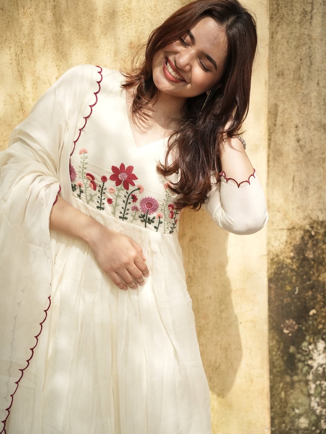 White Floral Embroidered Mul Cotton Anarkali Set with Dupatta
