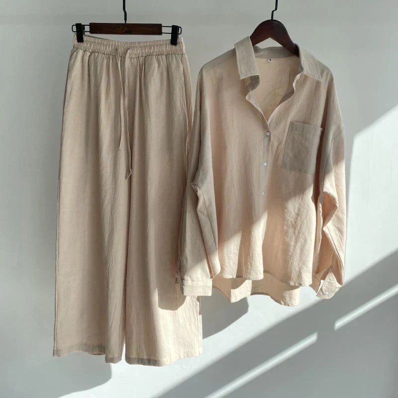 Fashionable Women's Slacks High Waist Cotton Shirt Suit