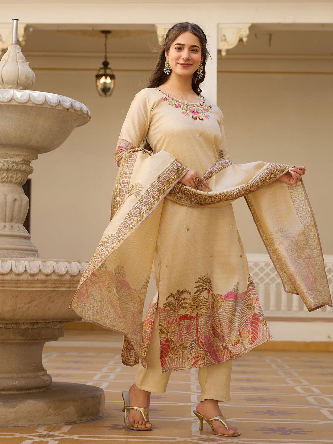 Elegant Beige Embroidered Kurta Pant Set with Printed Dupatta for Women
