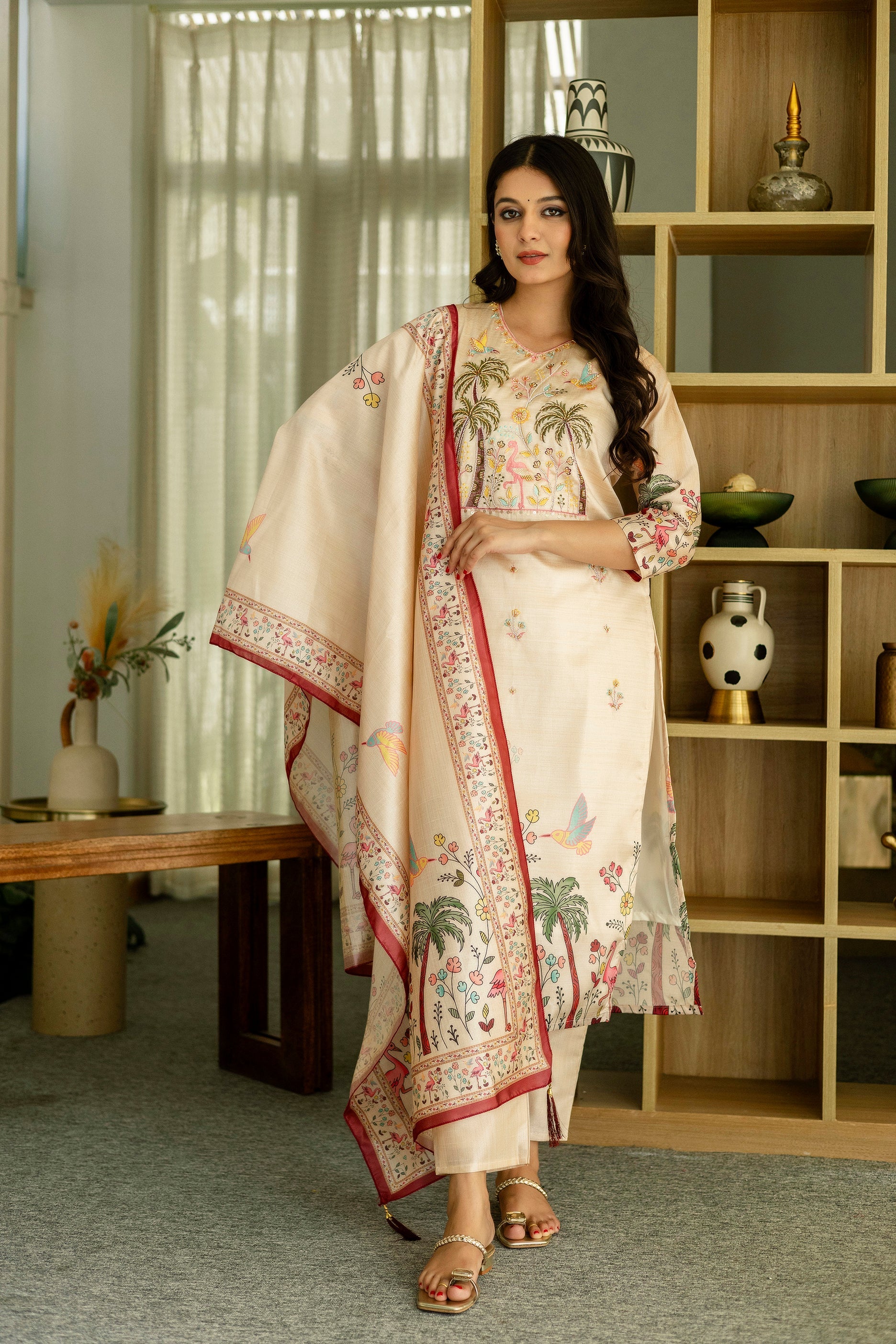 Elegant Cream Printed Kurta Pant Set with Designer Dupatta for Women
