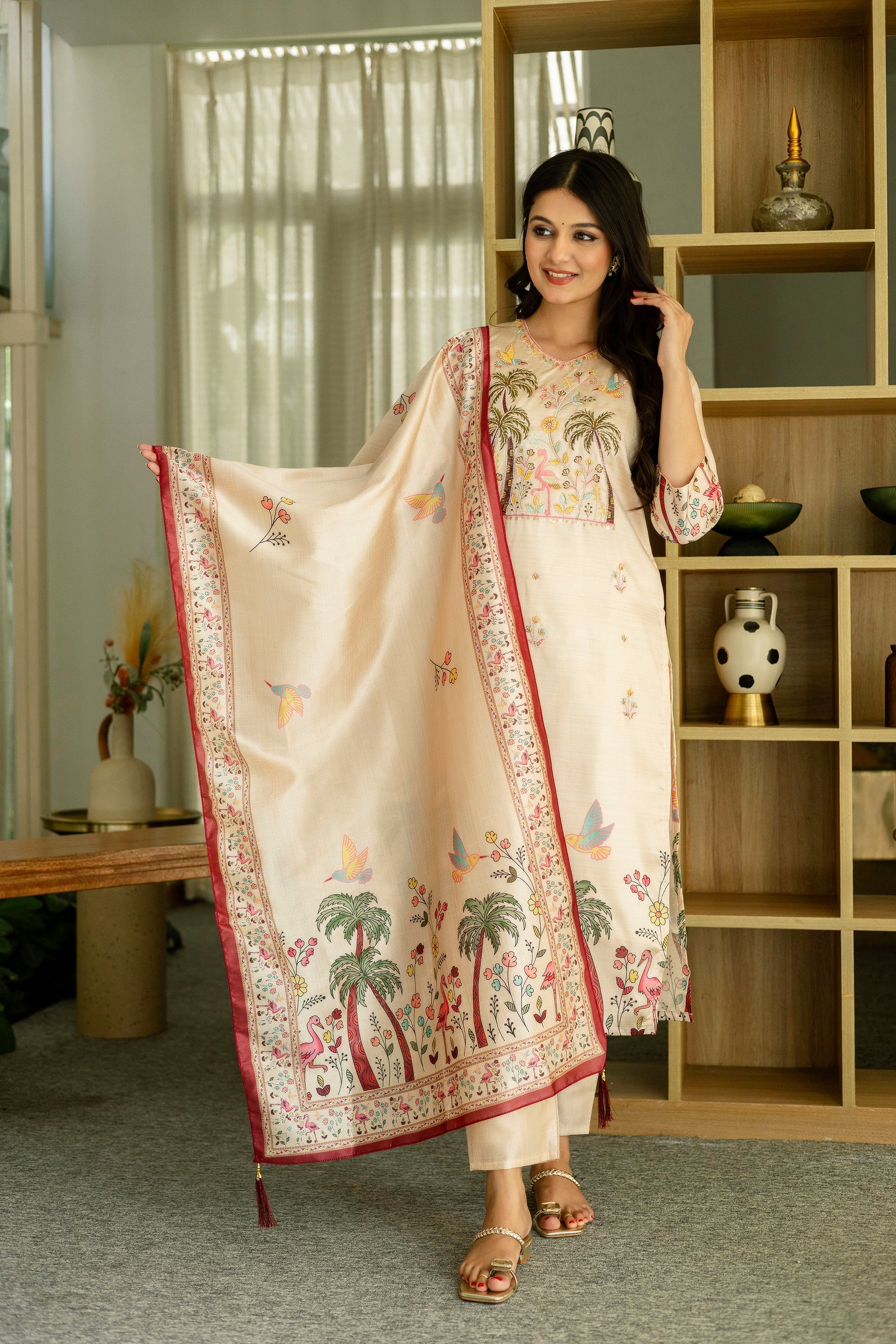 Elegant Cream Printed Kurta Pant Set with Designer Dupatta for Women
