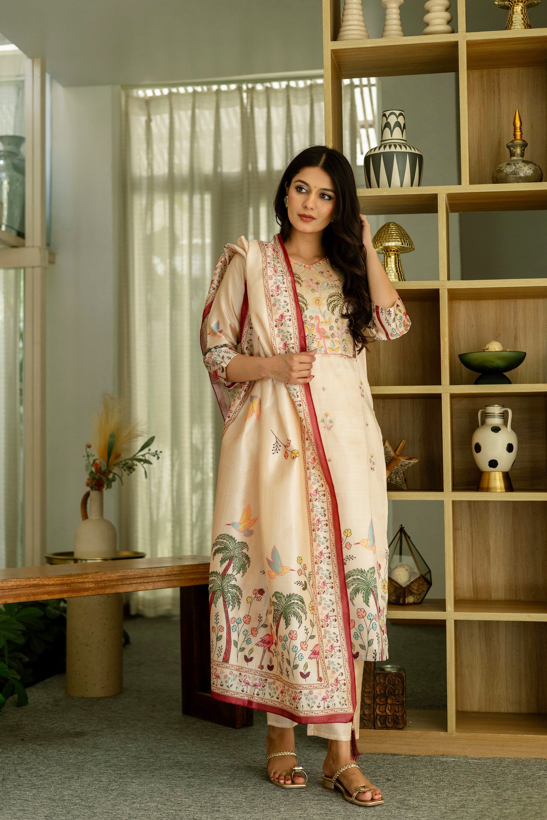 Elegant Cream Printed Kurta Pant Set with Designer Dupatta for Women