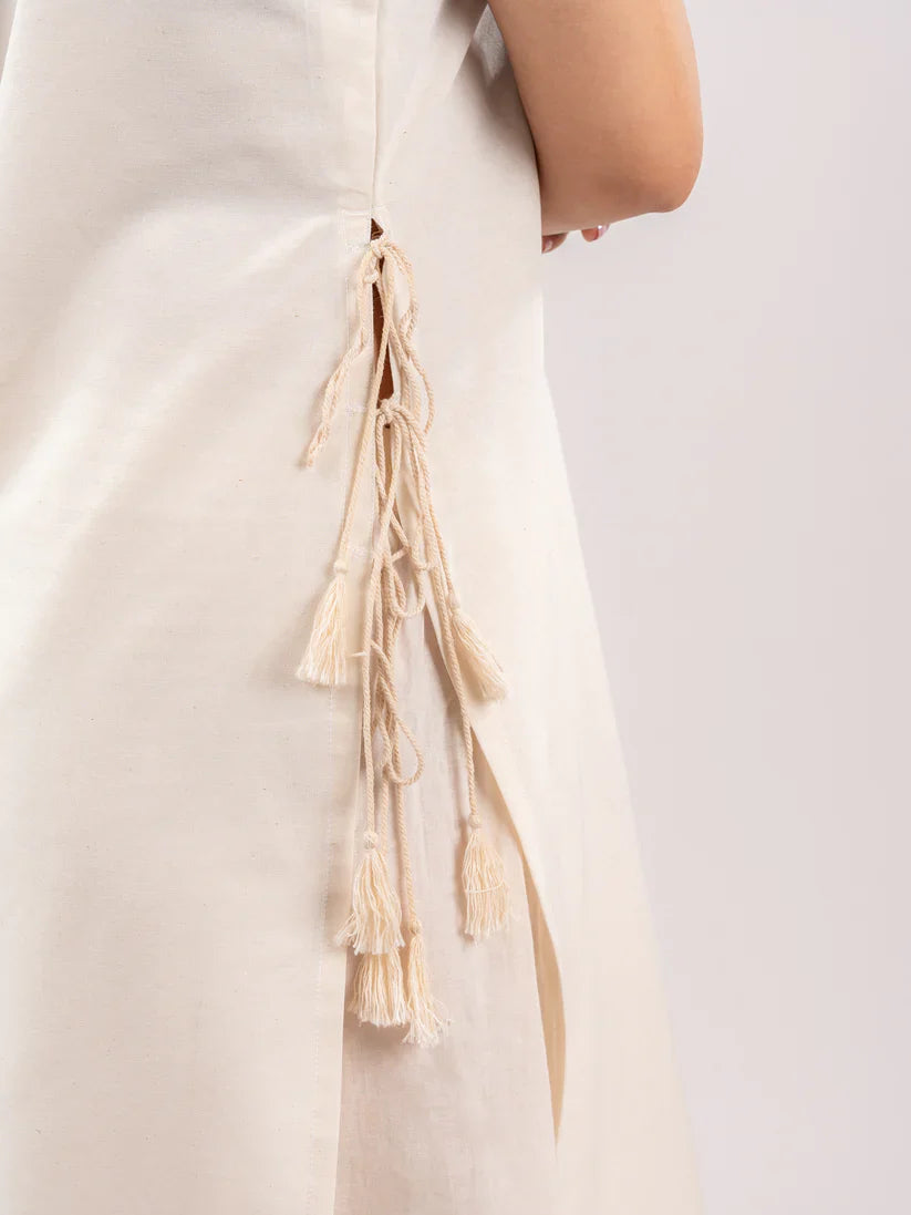 Blush  Ivory Sleeveless Asymmetric Kurta Set with Tassel Tie-Up