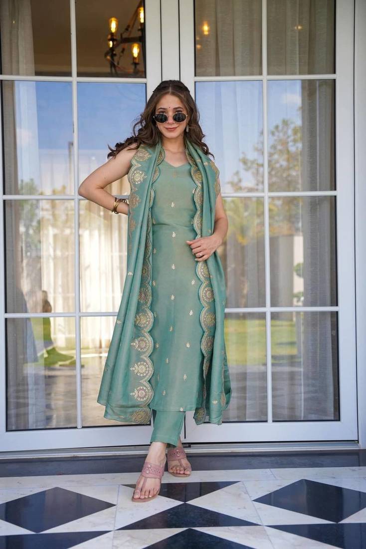 Sea Green Embroidered Kurta Pant Set with Designer Dupatta for Women