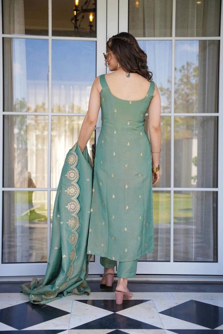 Sea Green Embroidered Kurta Pant Set with Designer Dupatta for Women