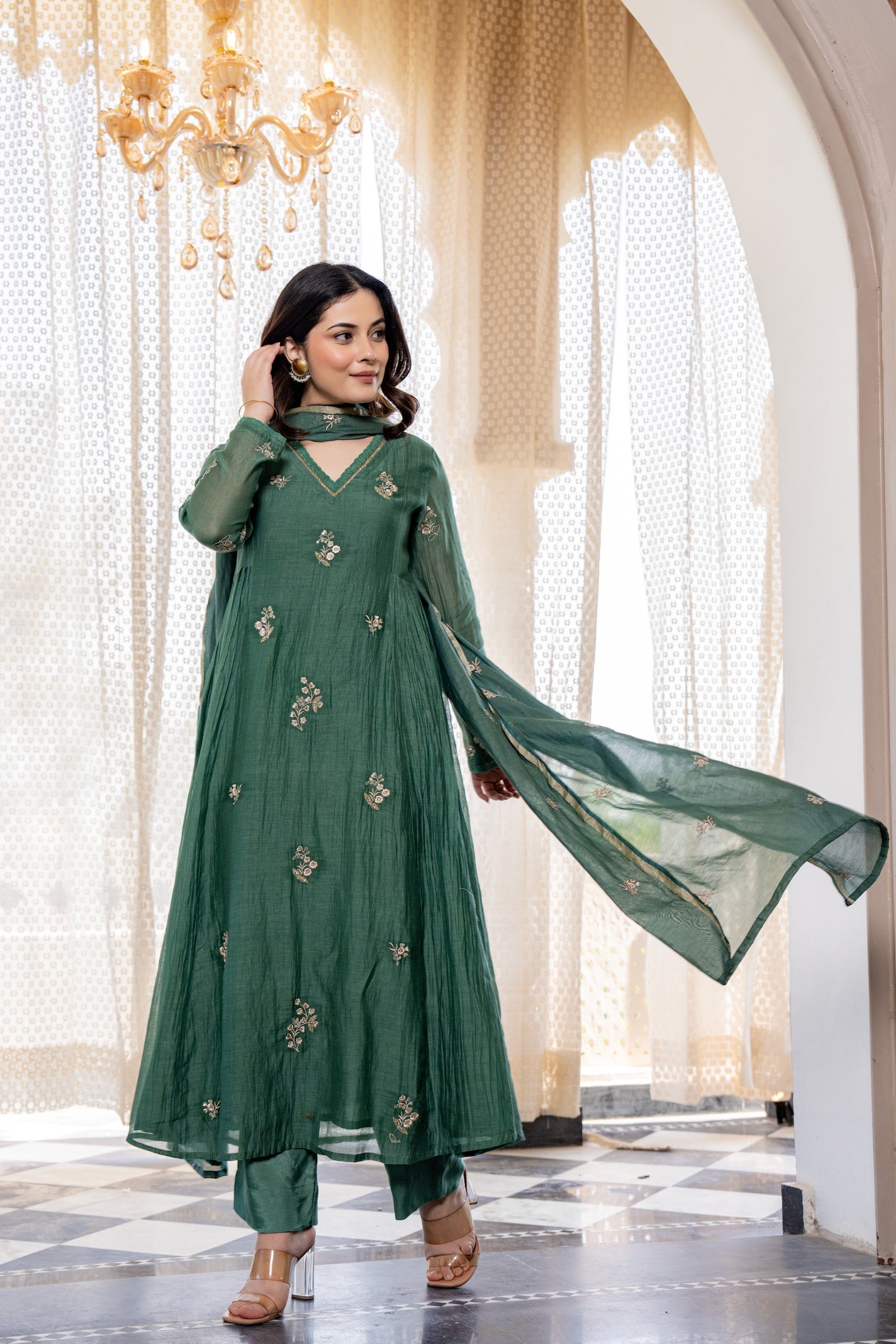 Elegant Green Embroidered Anarkali Kurta Set with Dupatta for Women