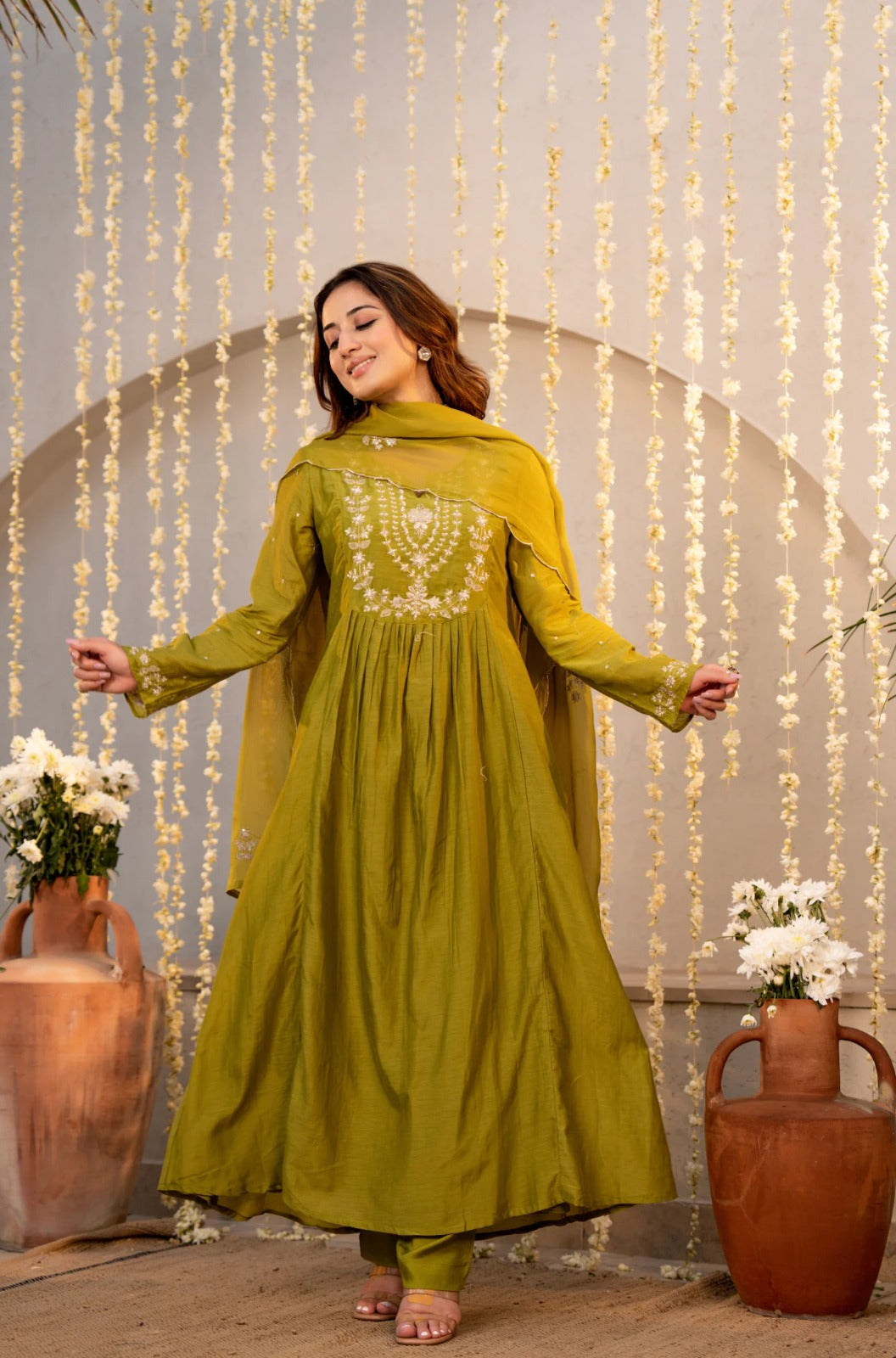 Elegant Olive Green Embroidered Anarkali Kurta Set with Dupatta for Women