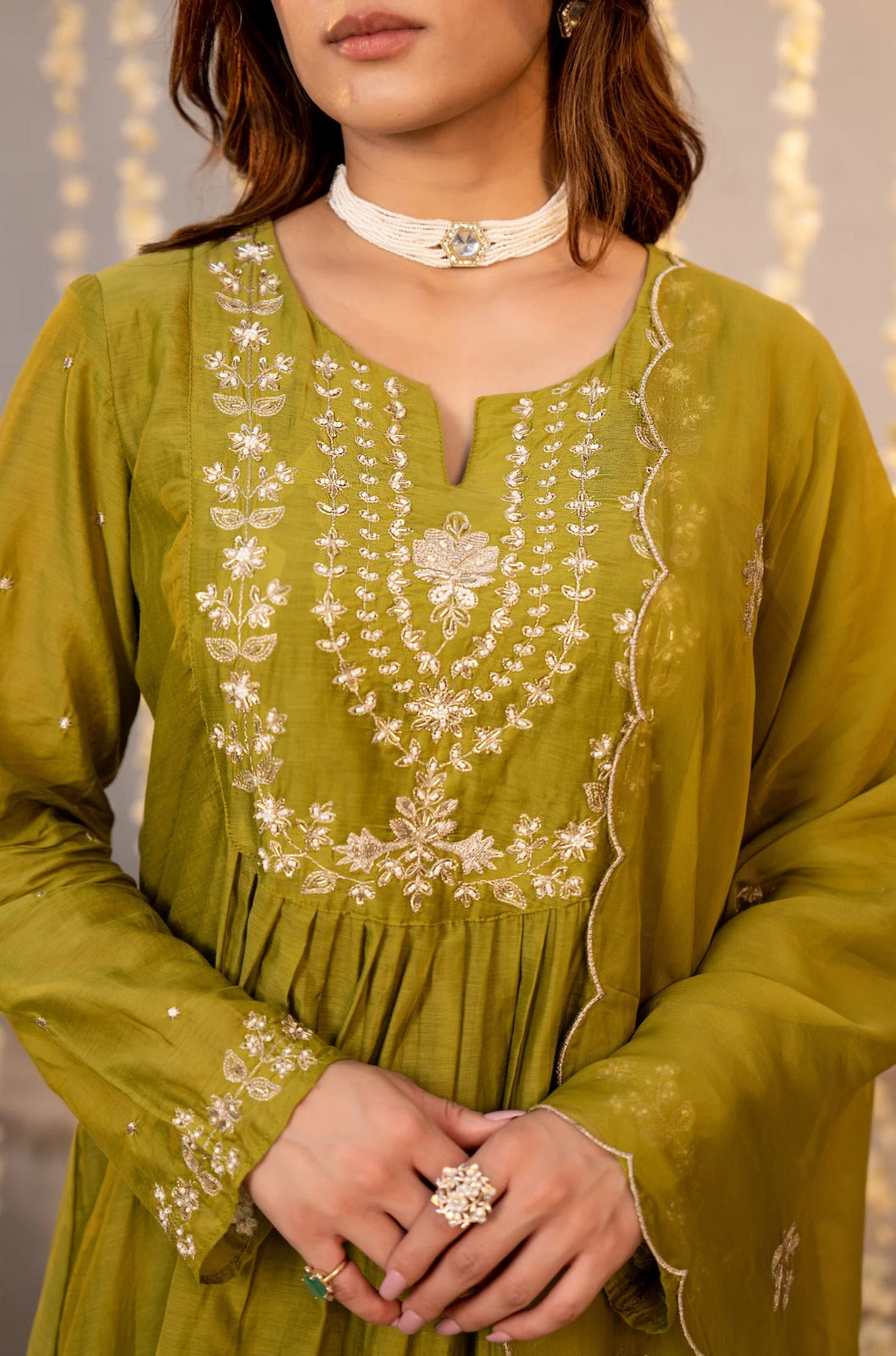 Elegant Olive Green Embroidered Anarkali Kurta Set with Dupatta for Women