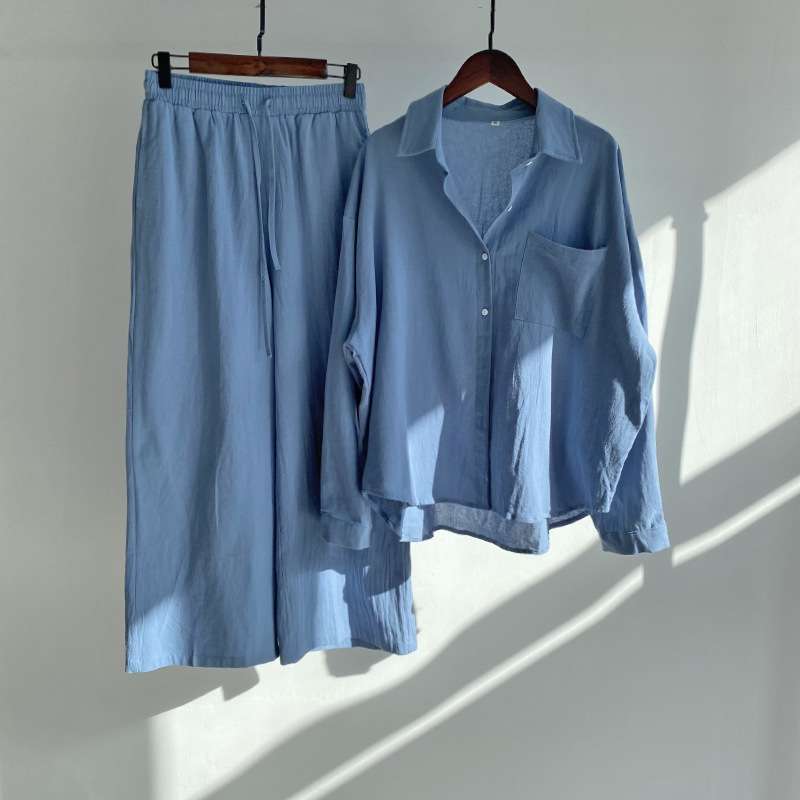 Fashionable Women's Slacks High Waist Cotton Shirt Suit