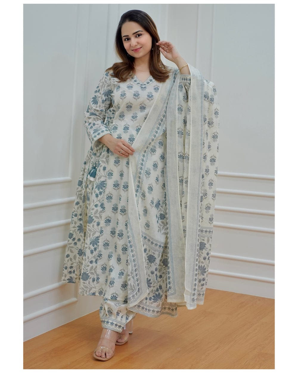 Blue White Cotton Afghani Kurti With Pant & Dupatta Set