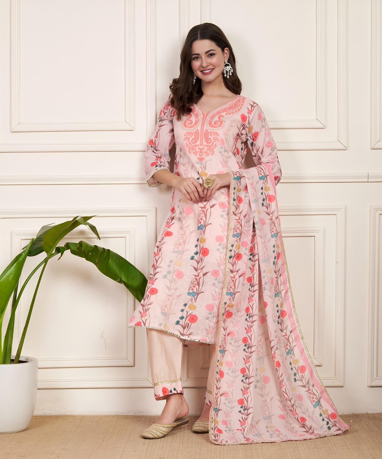 Women Linen Kurta Pant Dupatta Set