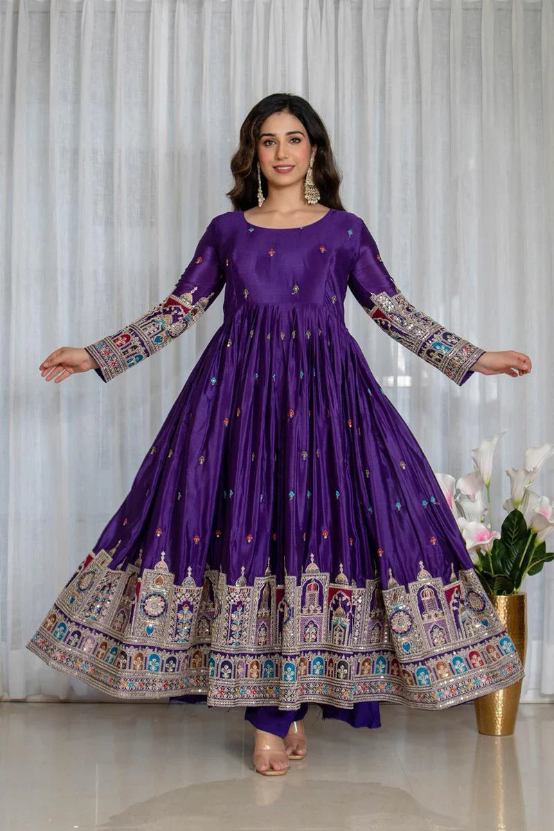 Royal Purple Embroidered Anarkali Suit Set with Dupatta