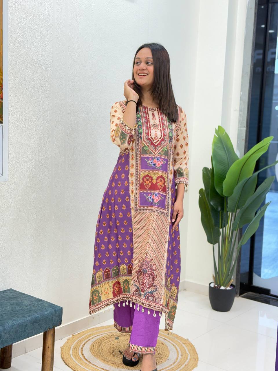 Purple Printed Cotton Suit Set with Embroidered Yoke & Matching Dupatta