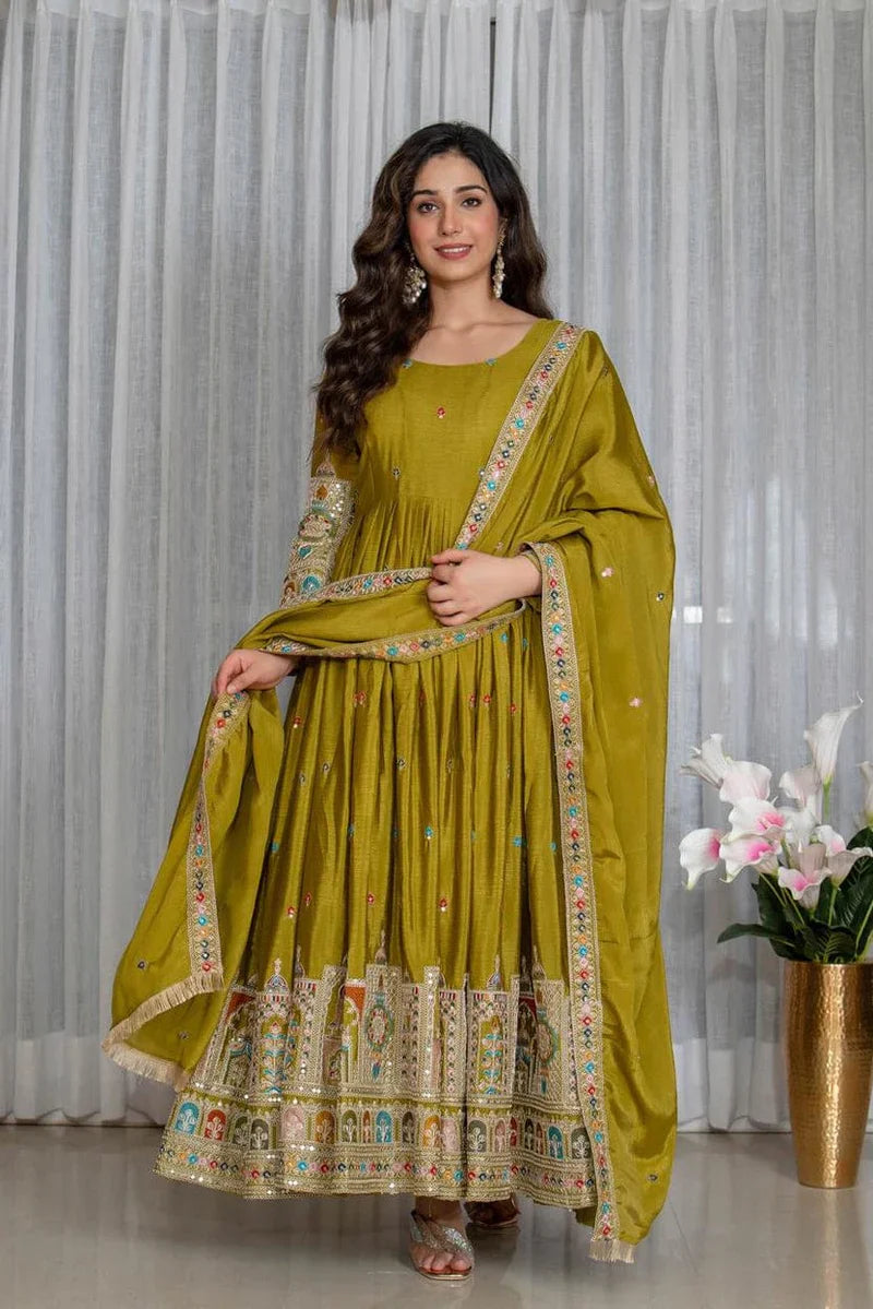 Olive Green Embroidered Anarkali Suit Set with Dupatta