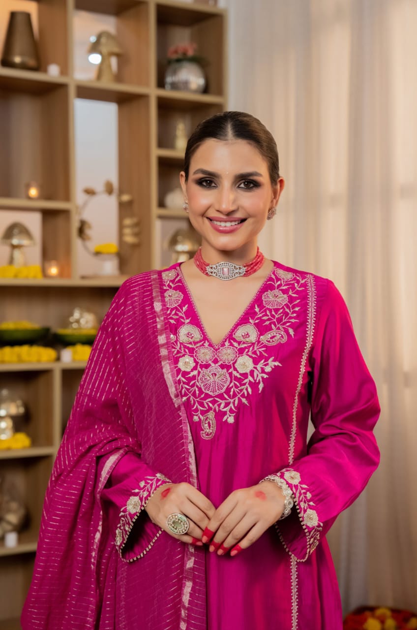 Magenta / Rani Pink Embroidered Kurta Pant Set with Dupatta