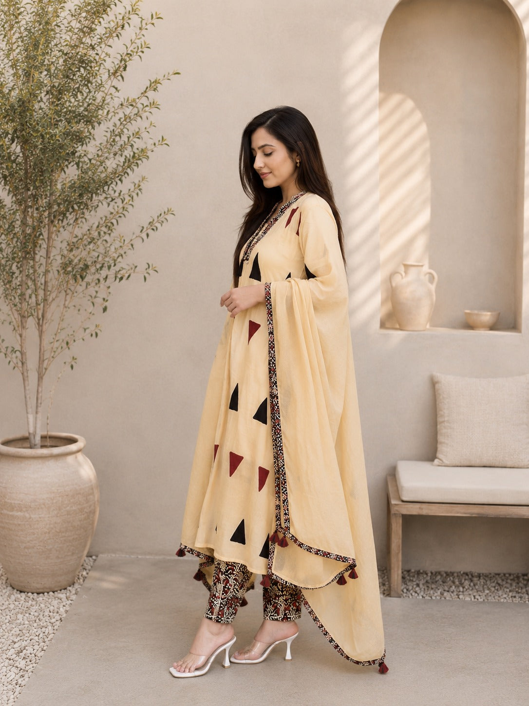 Beige Triangle Anarkali Set