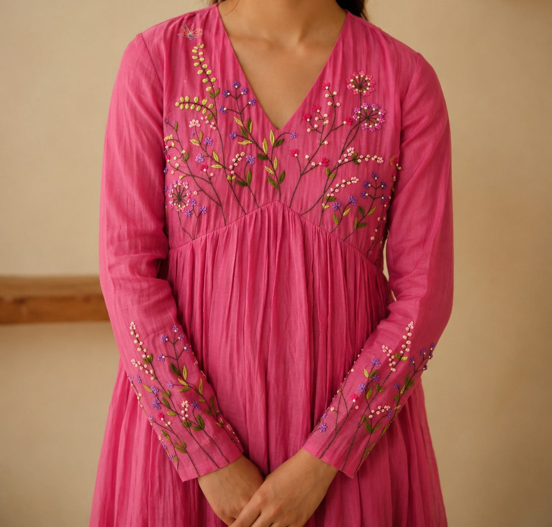 Pink Floral Embroidered Anarkali Kurta Set for Women