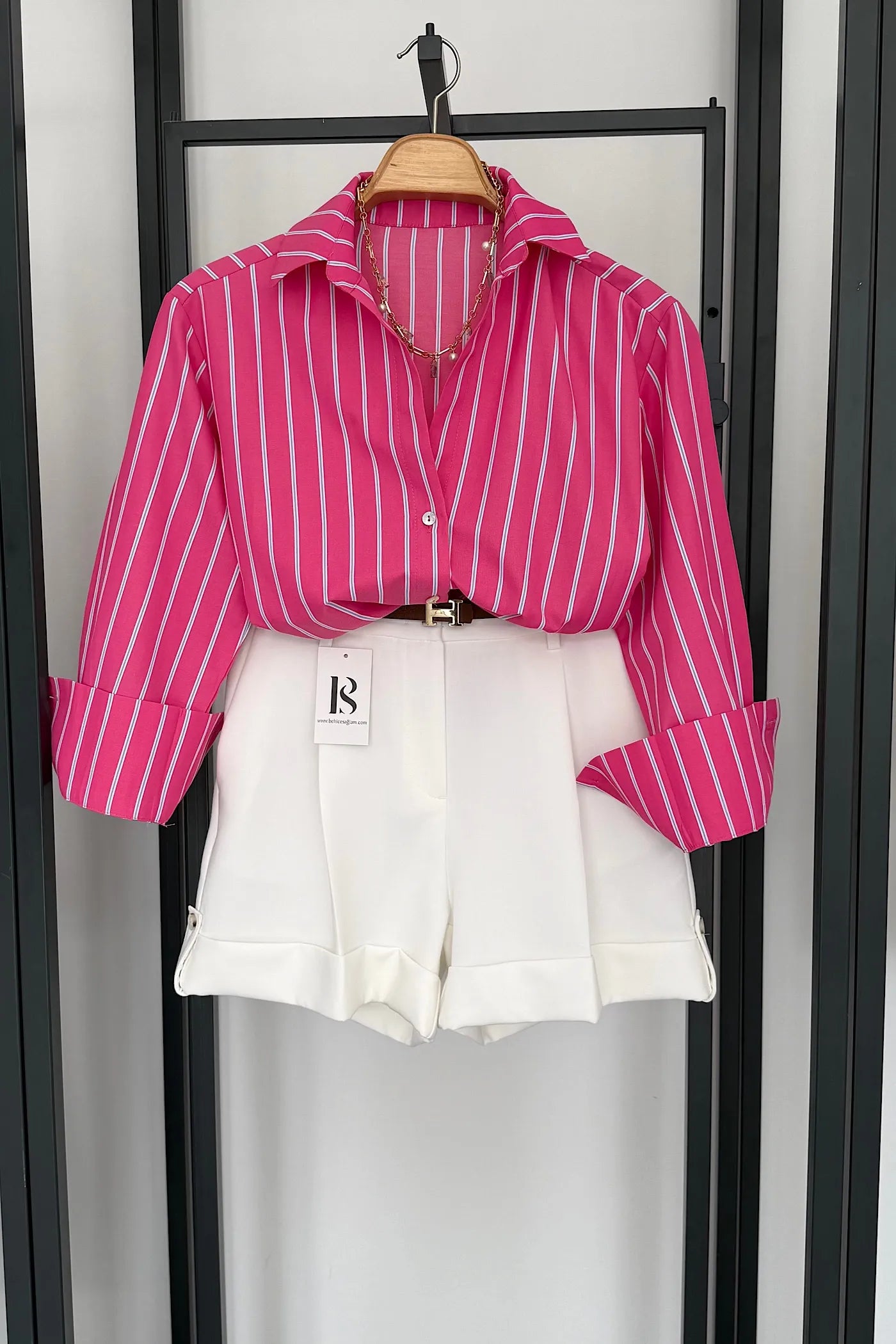 Oversize Striped Basic Shirt Pink