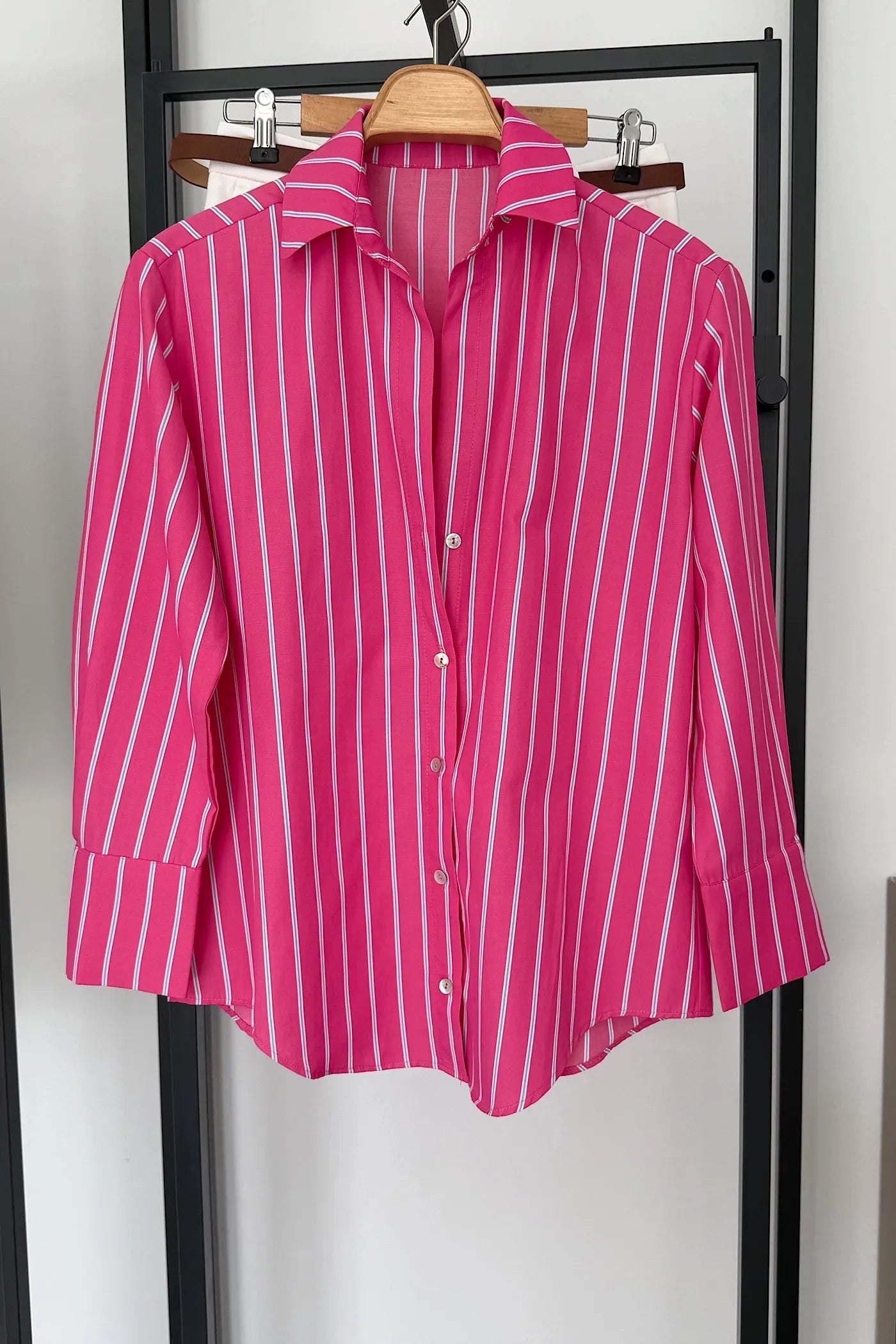 Oversize Striped Basic Shirt Pink