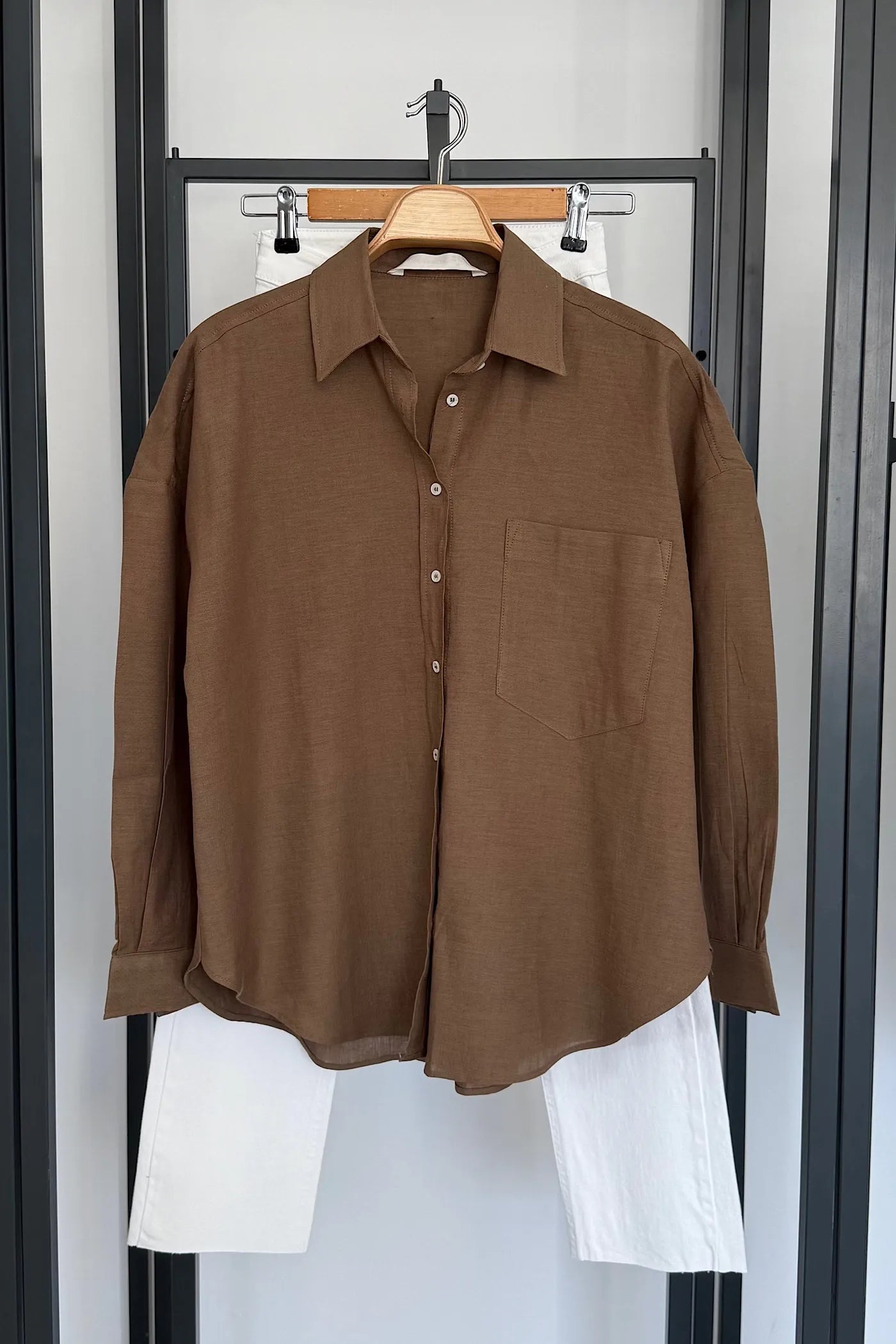 Pocketed Oversized Bamboo Satin Shirt Brown
