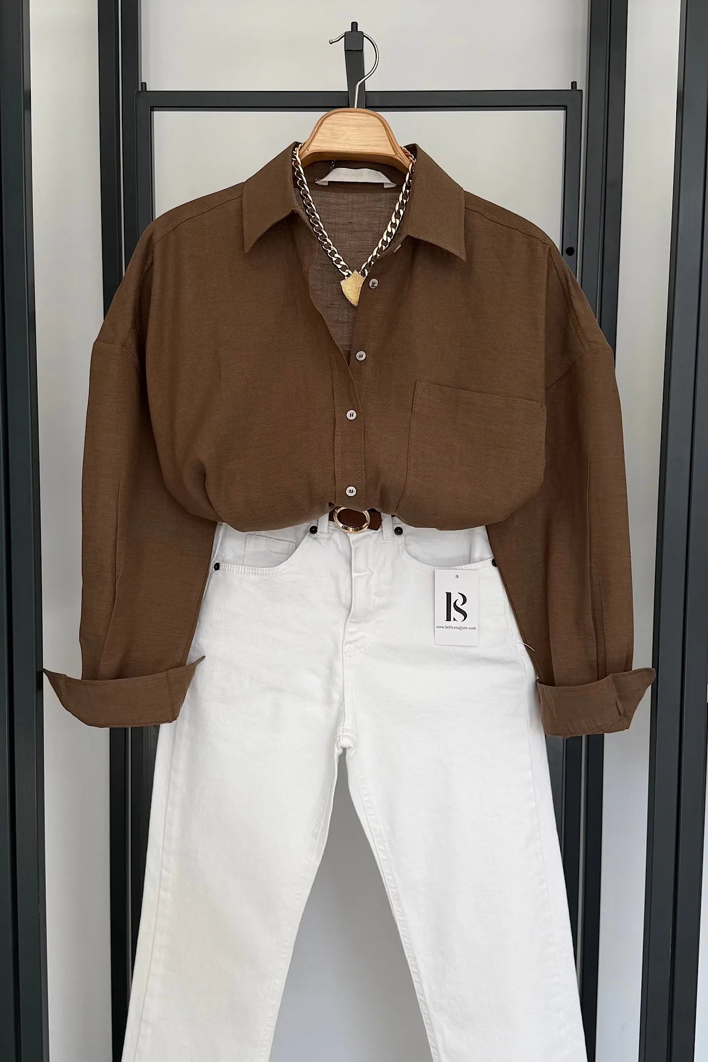 Pocketed Oversized Bamboo Satin Shirt Brown