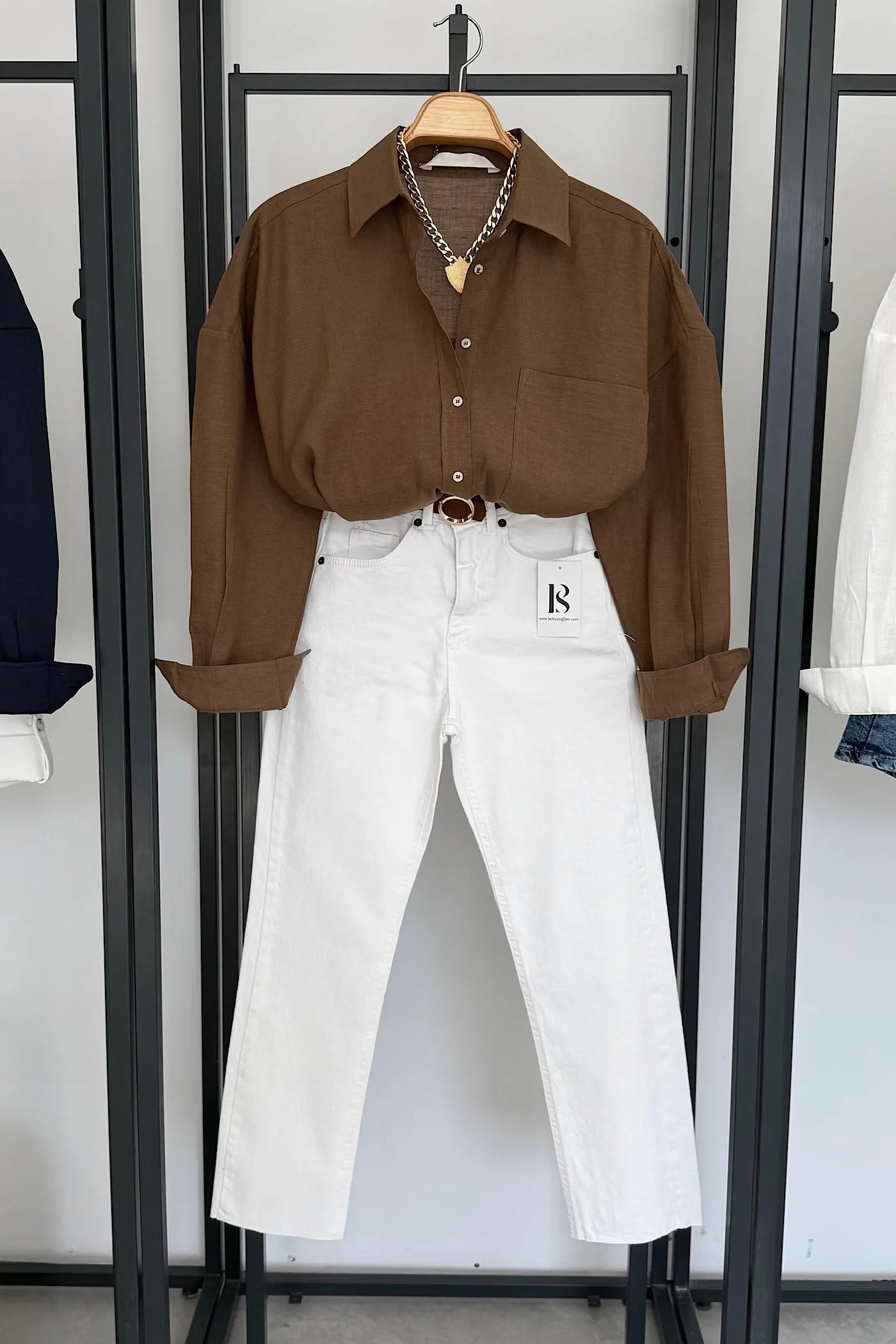 Pocketed Oversized Bamboo Satin Shirt Brown