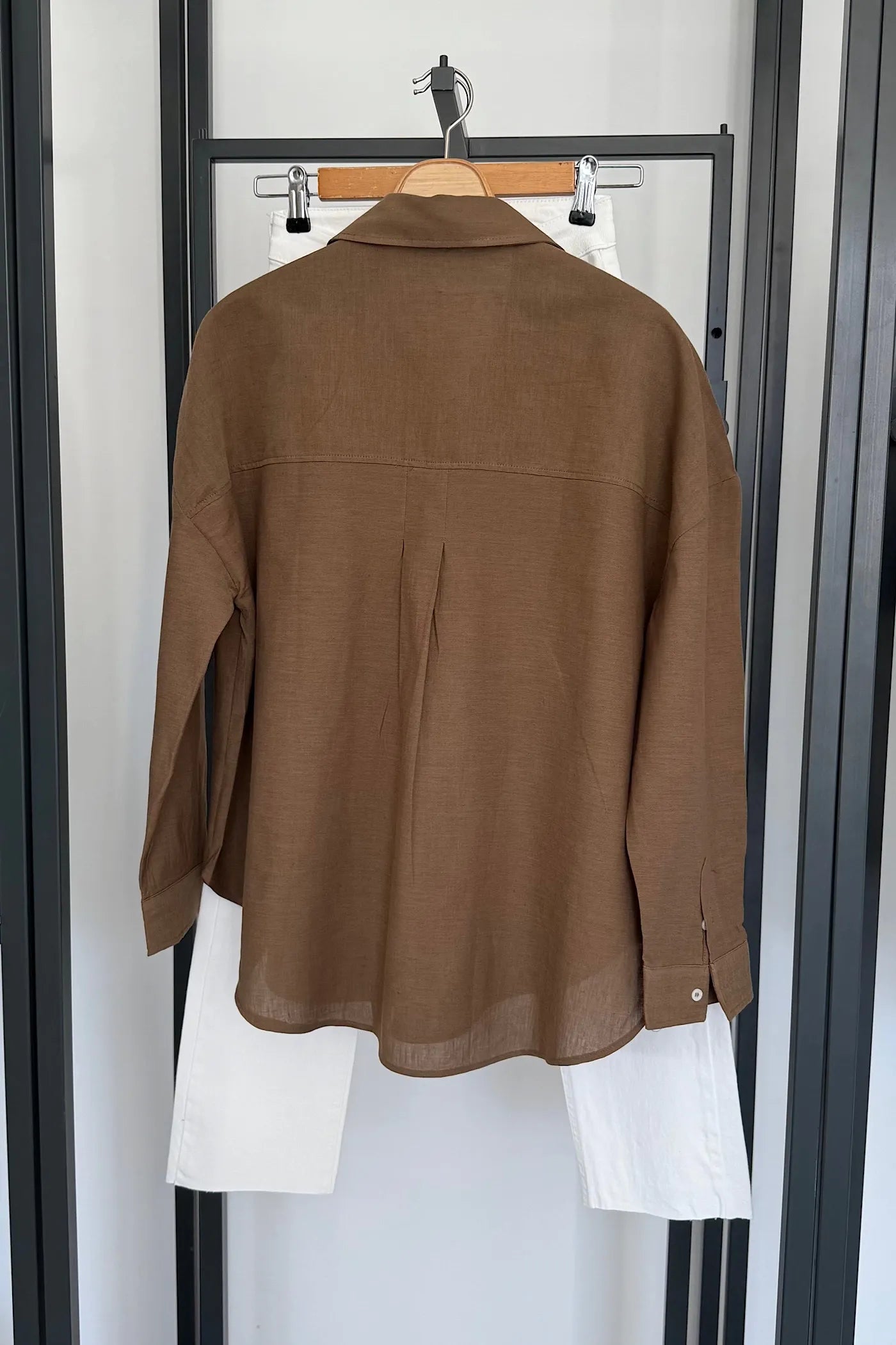Pocketed Oversized Bamboo Satin Shirt Brown