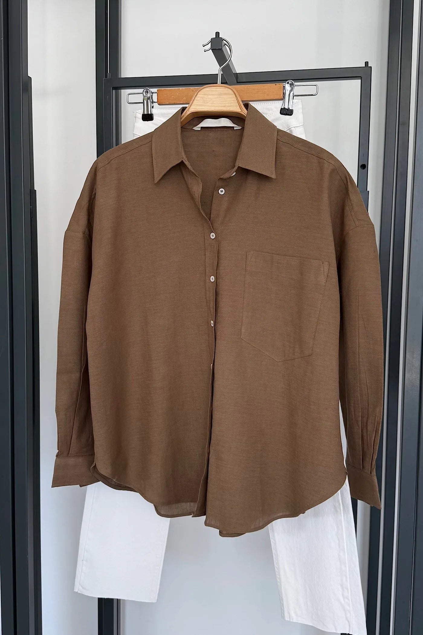 Pocketed Oversized Bamboo Satin Shirt Brown