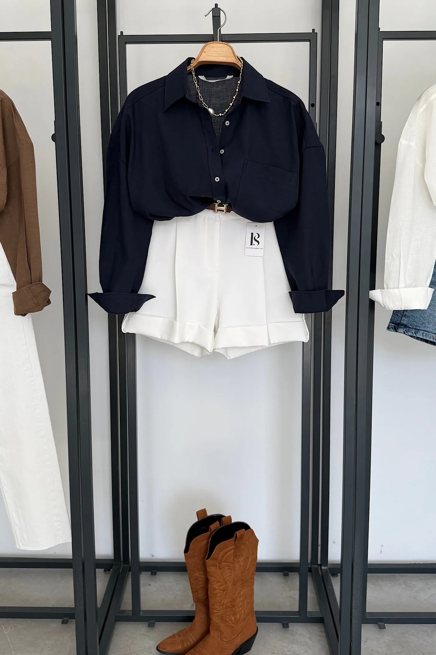 Pocketed Oversized Cotton Shirt Navy