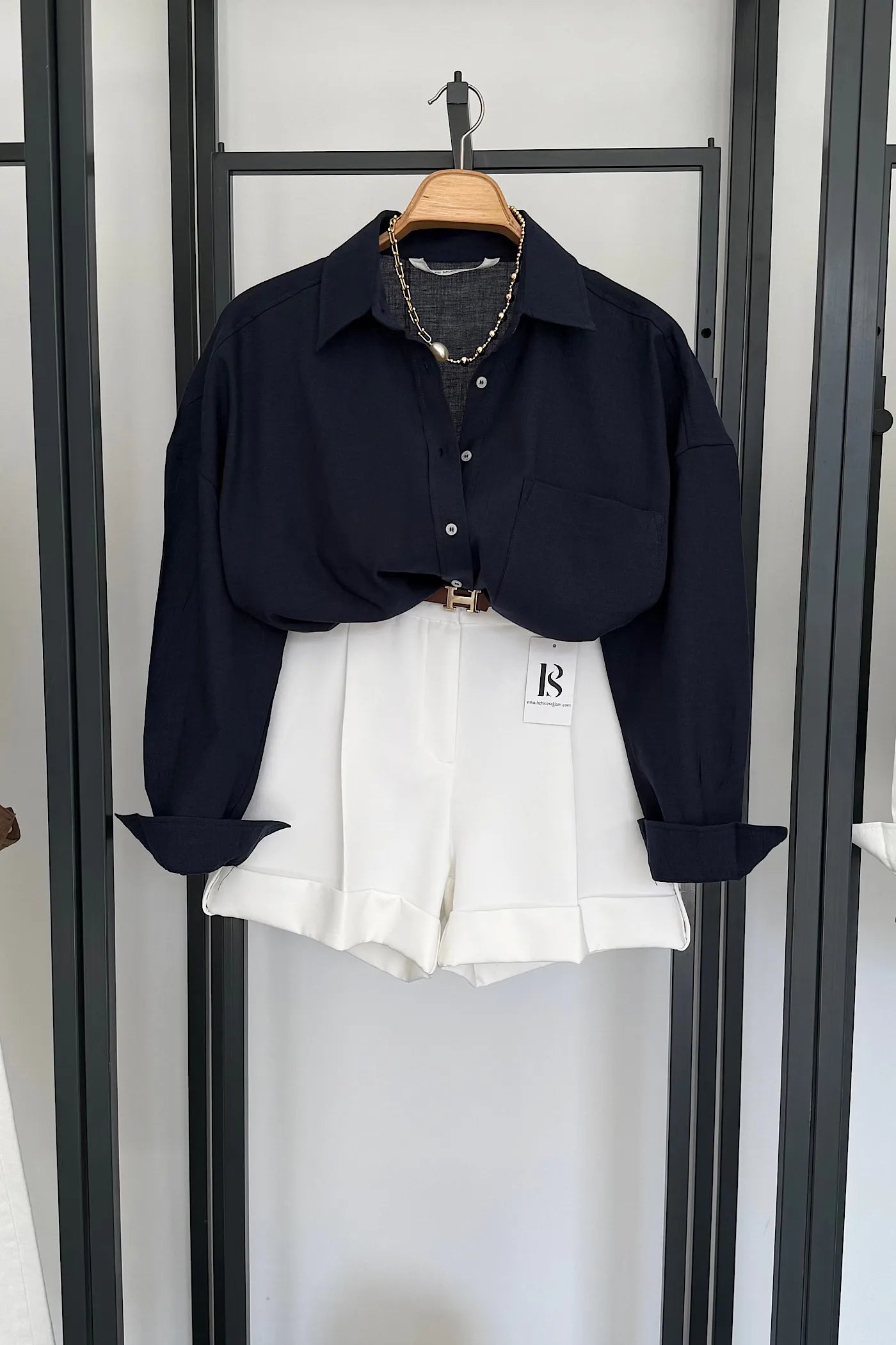 Pocketed Oversized Cotton Shirt Navy