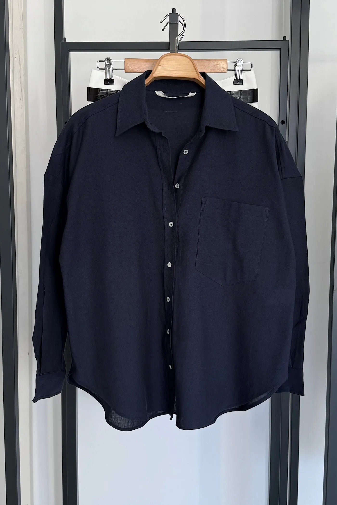 Pocketed Oversized Cotton Shirt Navy