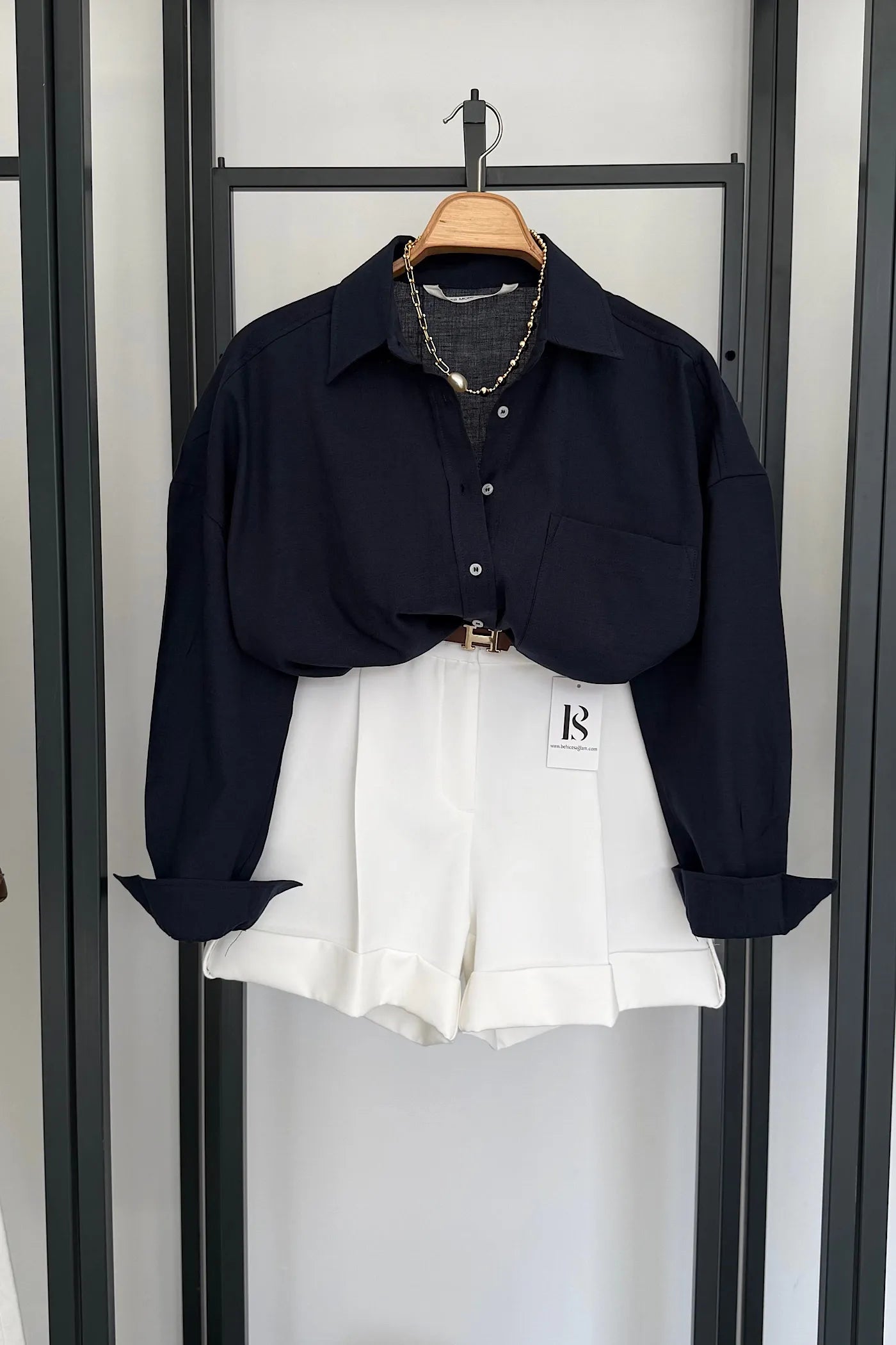 Pocketed Oversized Cotton Shirt Navy