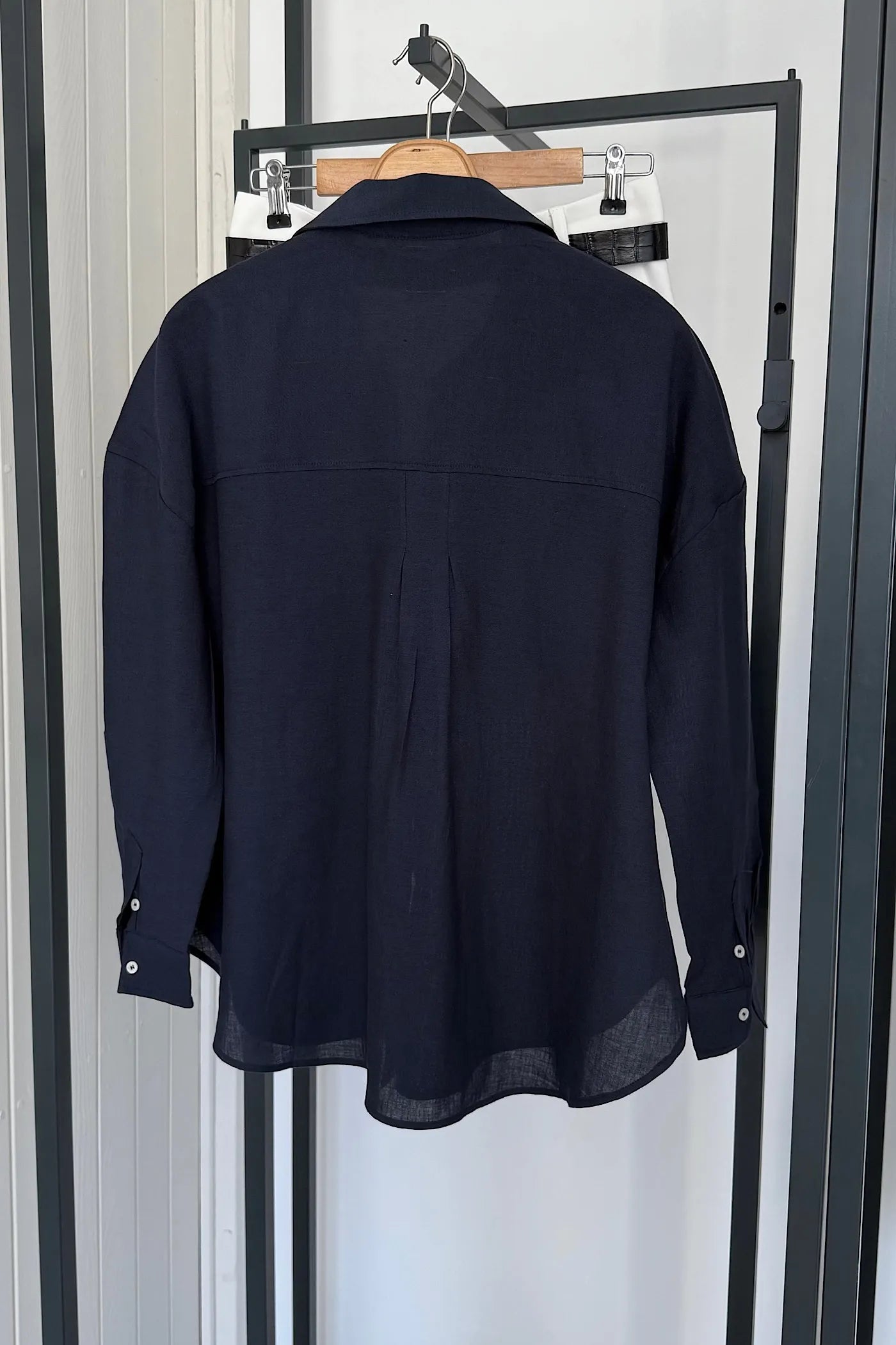 Pocketed Oversized Cotton Shirt Navy
