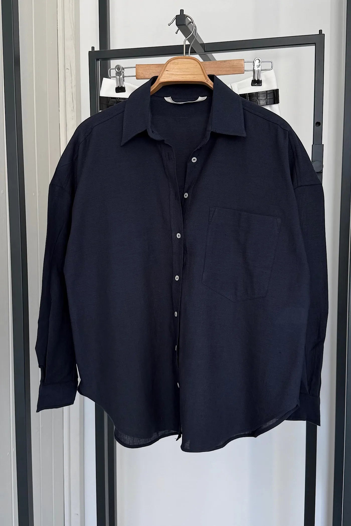 Pocketed Oversized Cotton Shirt Navy
