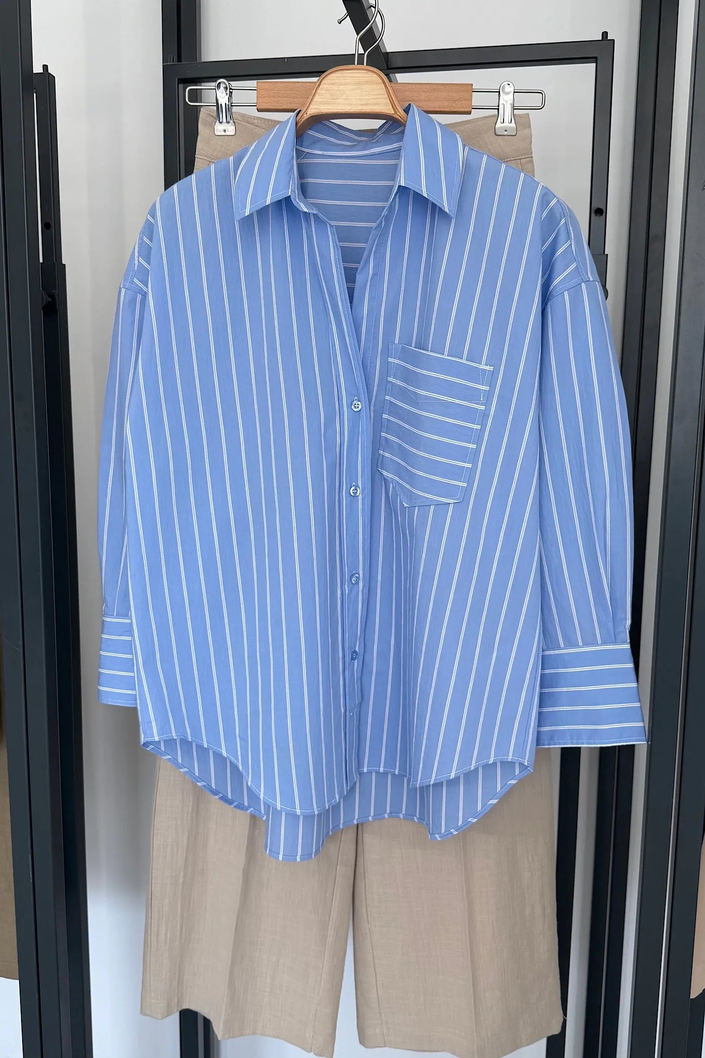 Striped Oversize Poplin Shirt Blue